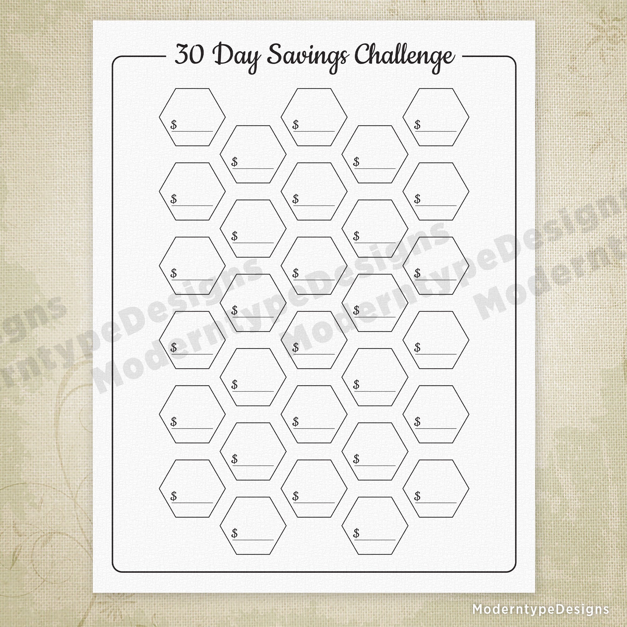 30 Day Savings Challenge Printable, Blank
