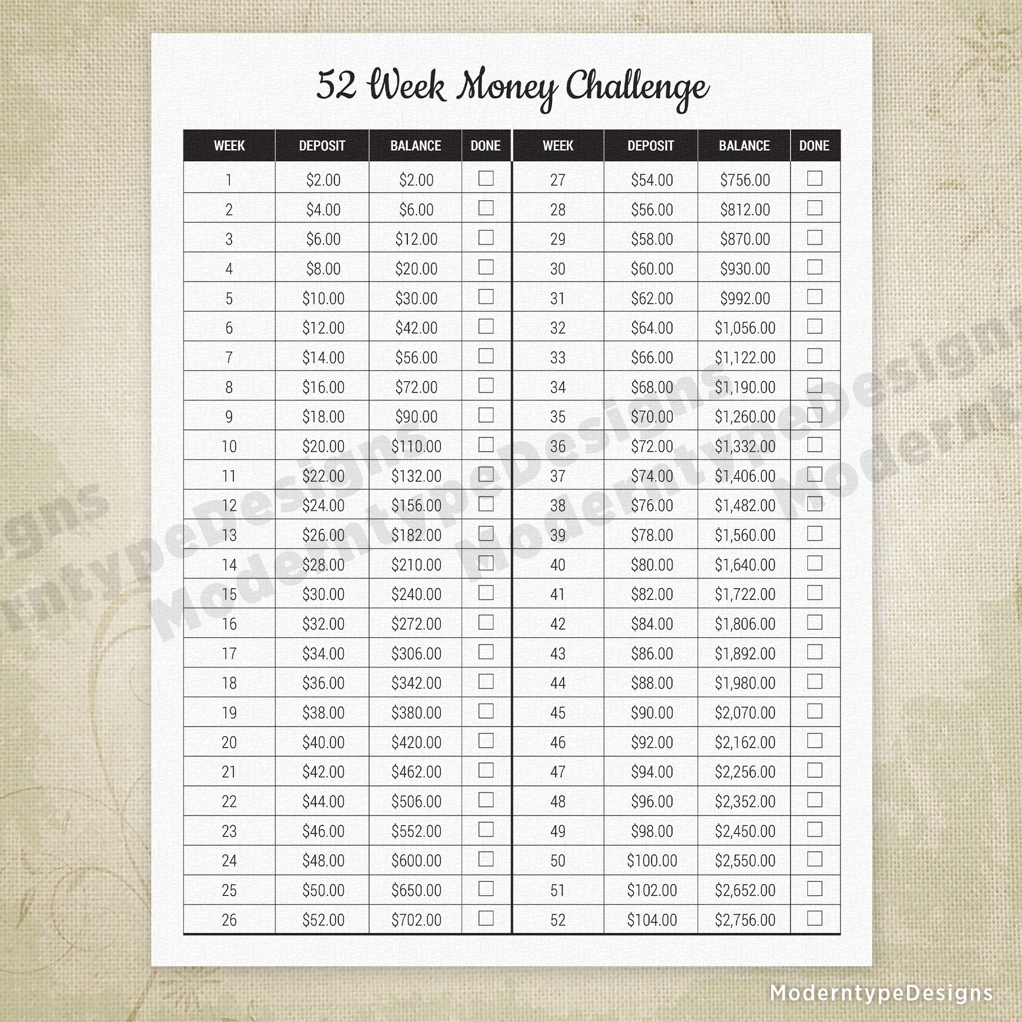 52 Week Money Challenge Printable - Increasing $2 Weekly