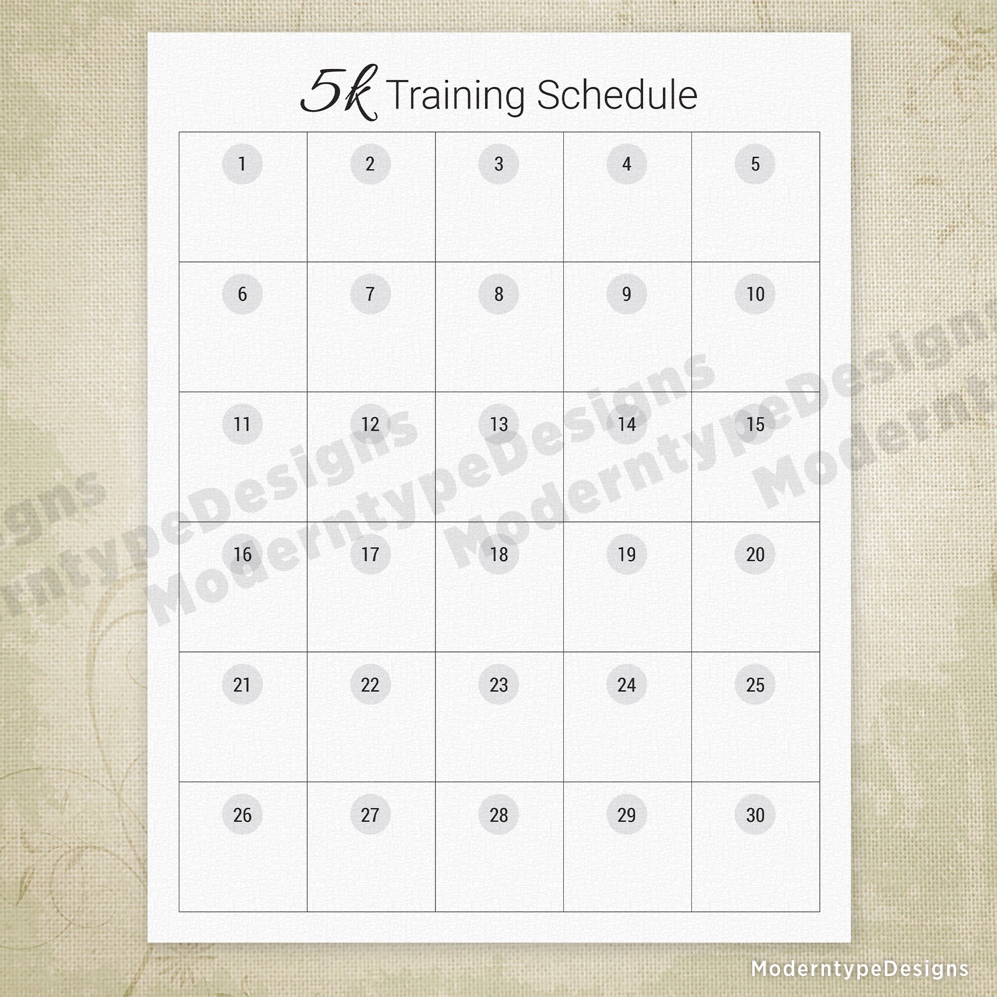 5k Training Schedule Printable, Blank