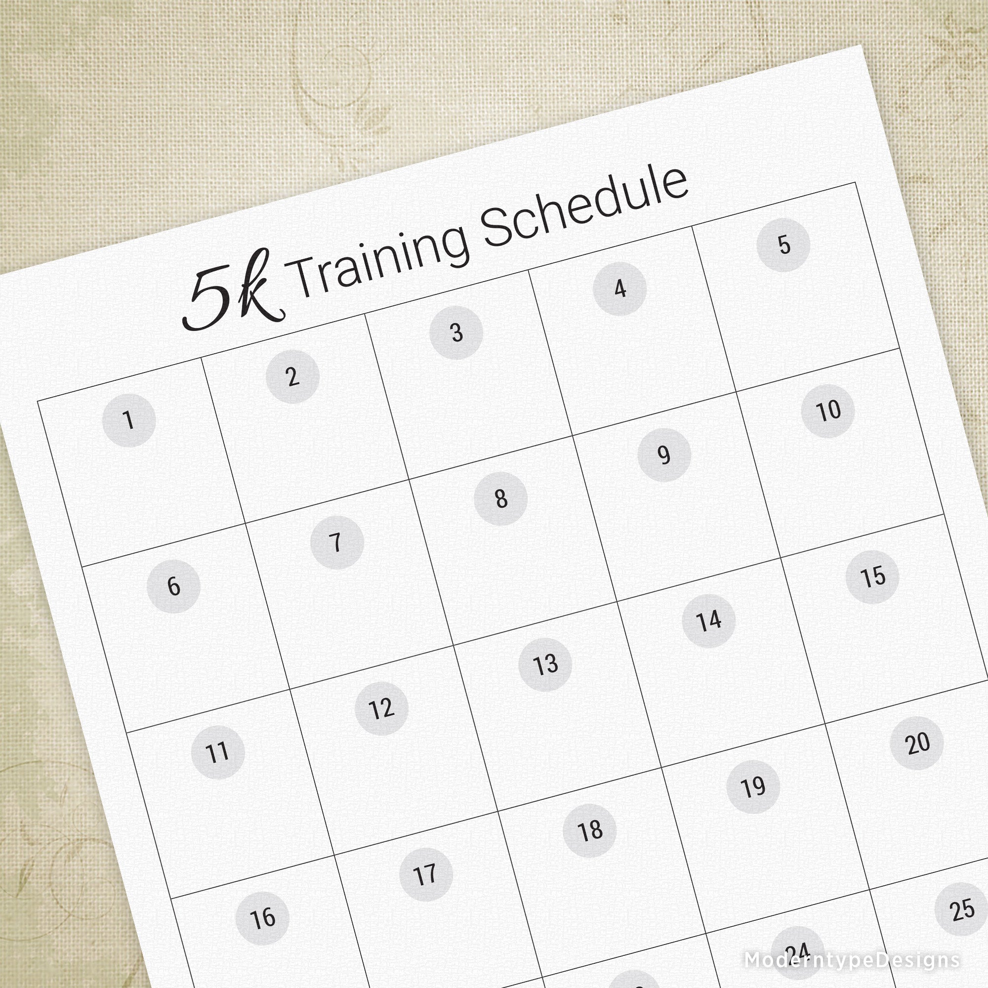 A printable 5k training schedule with blank spaces for tracking exercise details, with the text '5K TRAINING SCHEDULE' at the top.