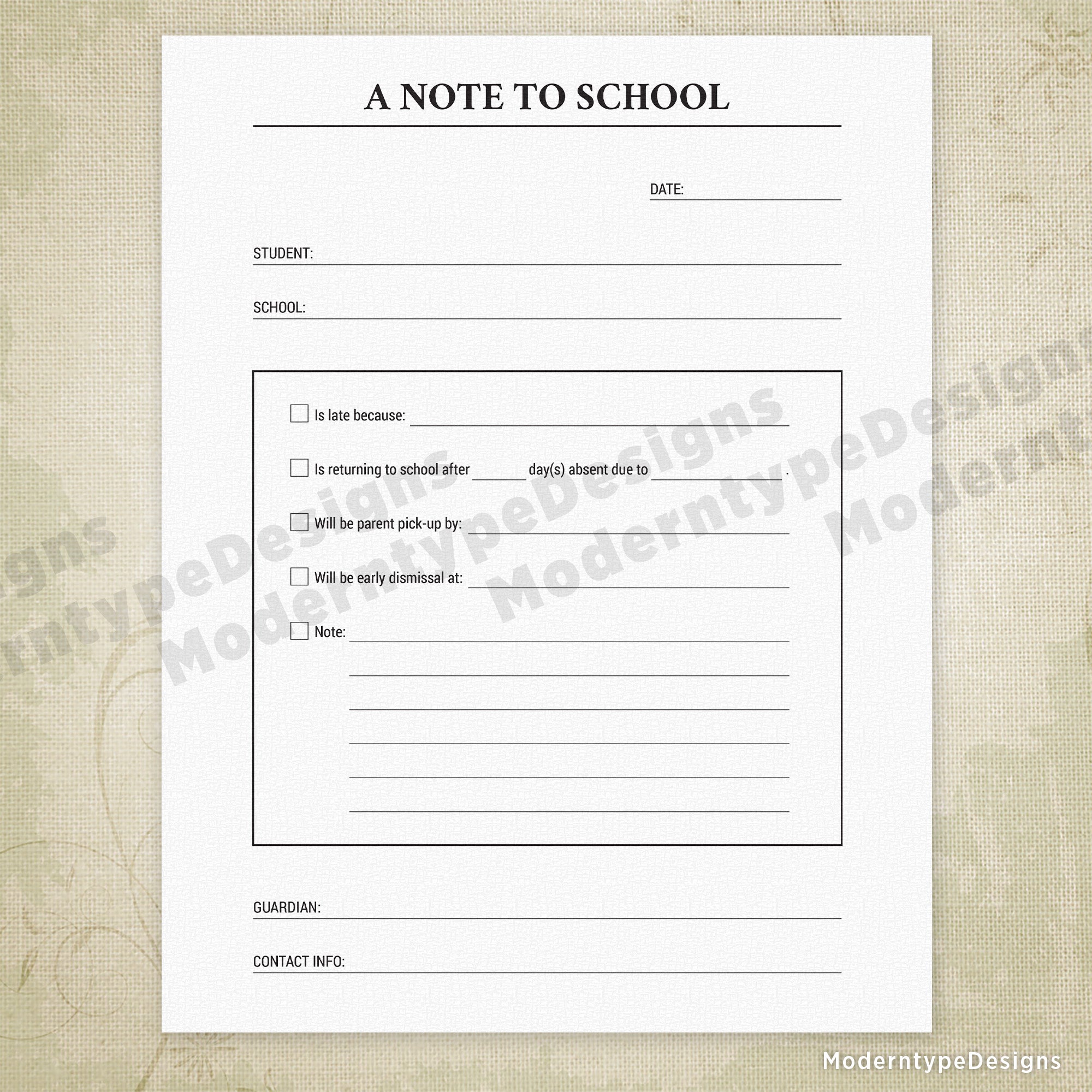A Note To School Printable