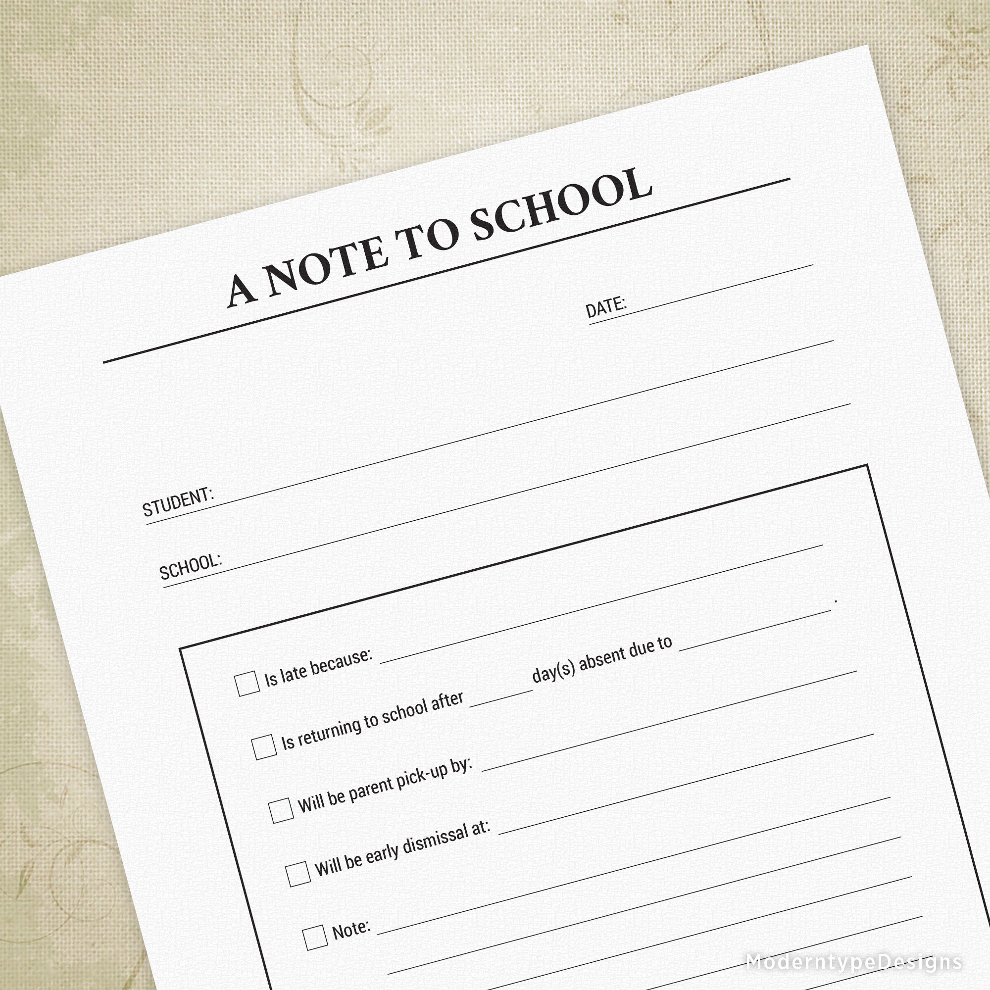 A Note To School Printable
