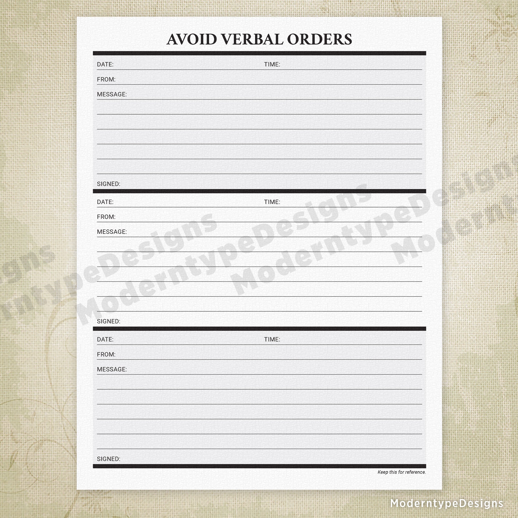 Avoid Verbal Orders AVO Log Printable