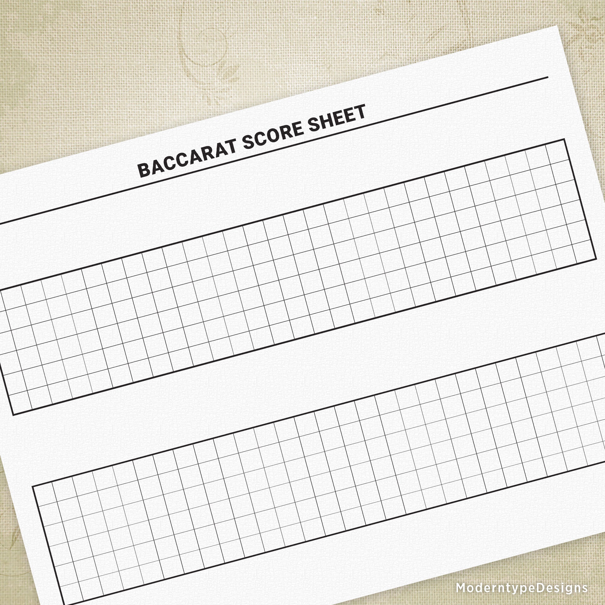 A Baccarat scoring sheet with black content and white margins, labeled 'BACCARAT SCORE SHEET', designed for printing.