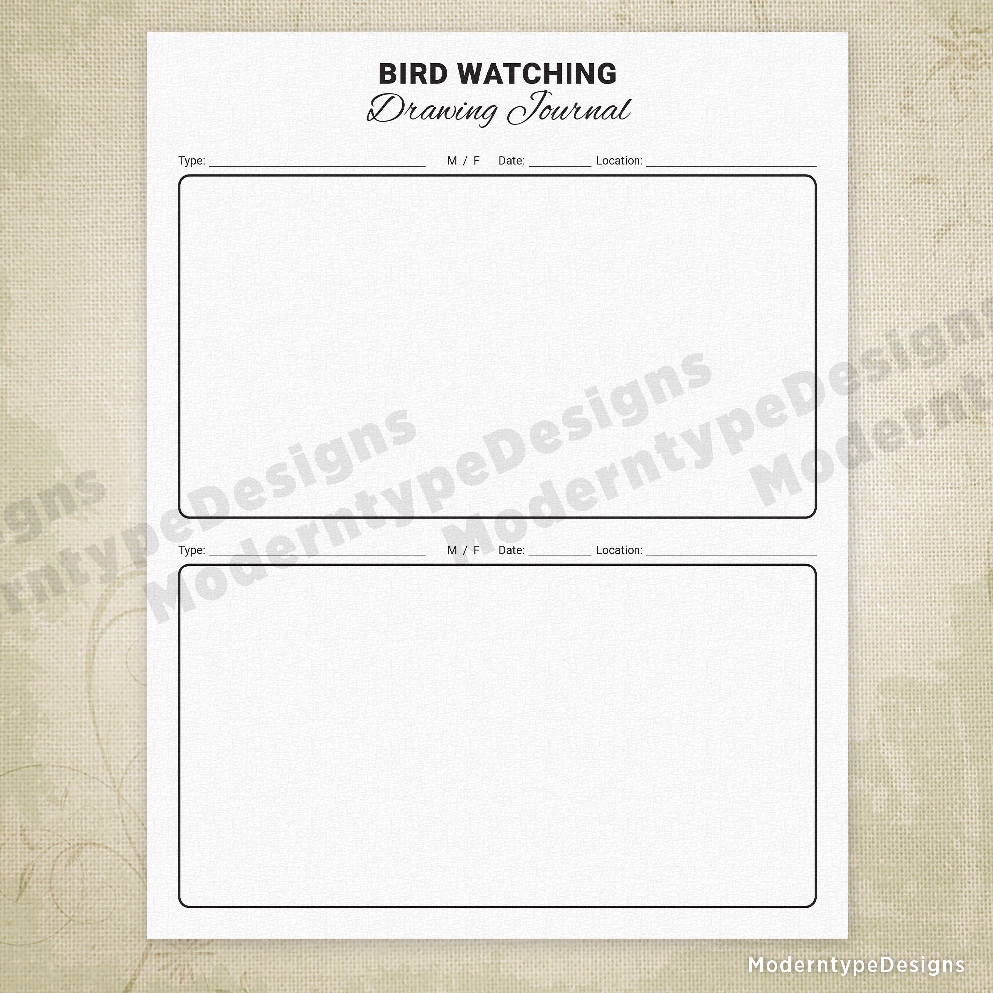 Bird Watching Drawing Journal Printable, 2 Entries