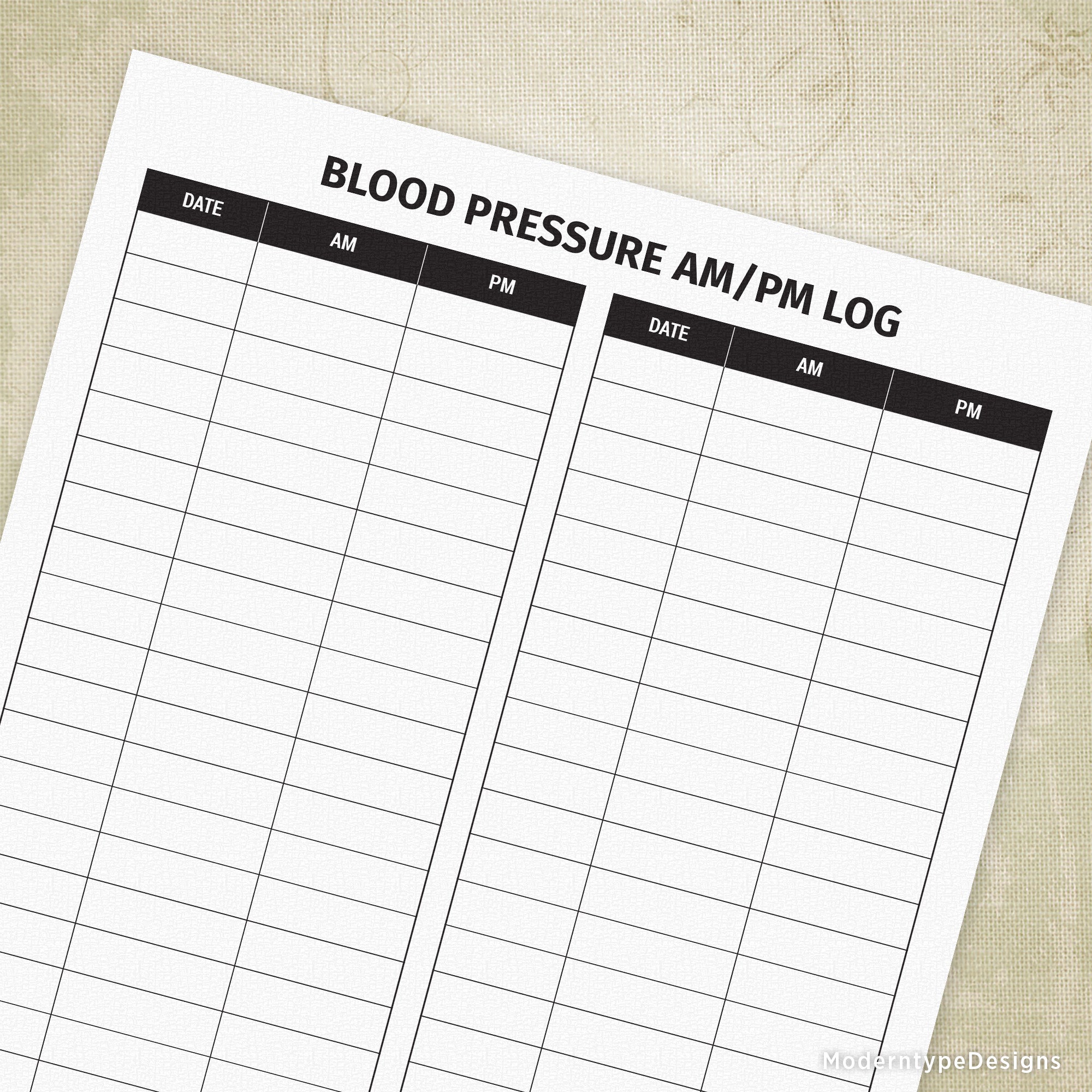 A printed page showing a Blood Pressure AM/PM Log with columns for date, morning, and evening readings.