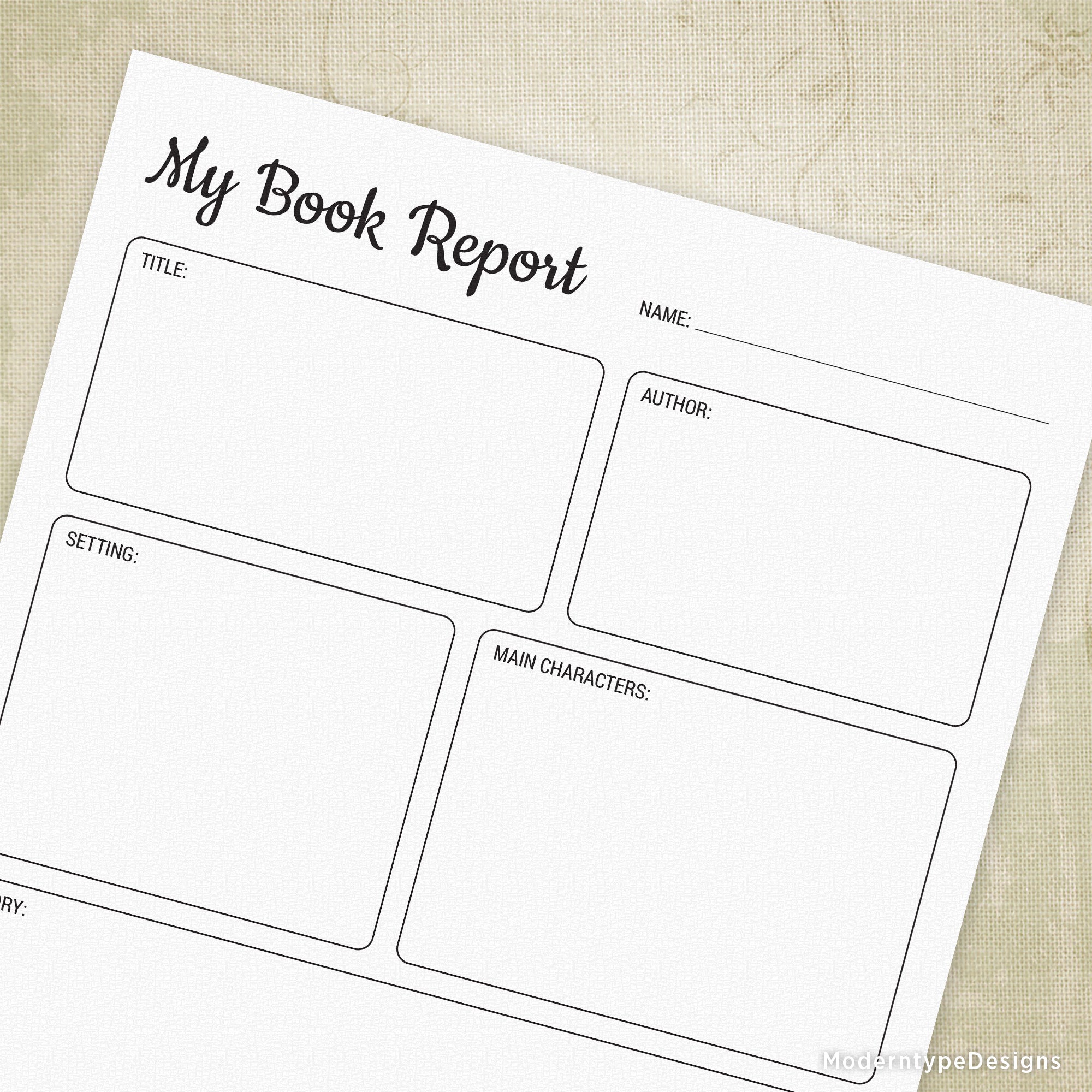 A printable book report form with sections for title, author, setting, main characters, and characters' names.