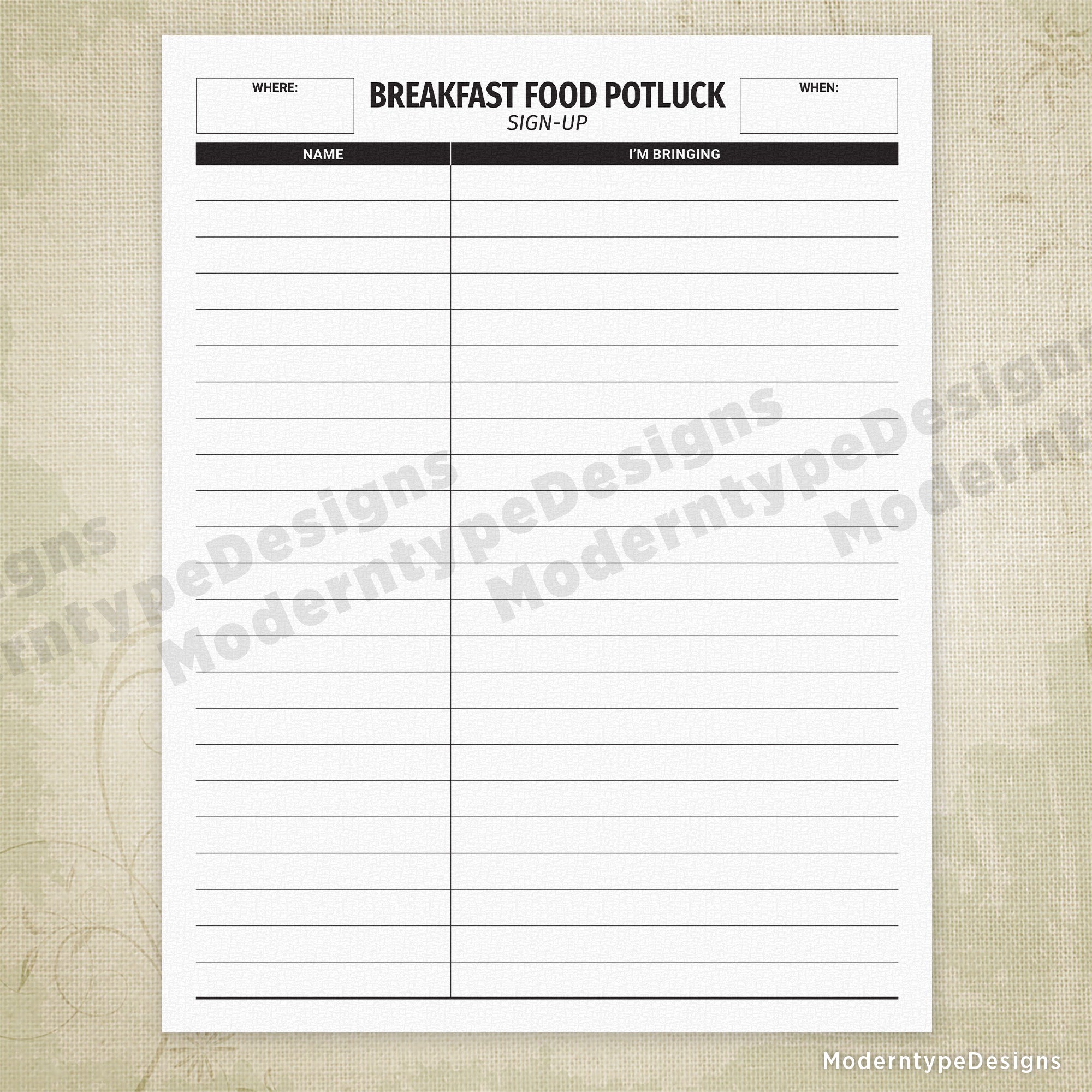 Streamline your breakfast potluck planning with this Breakfast Potluck Sign-up Sheet Printable PDF. Designed for easy organization, it features clearly labeled sections for guest names and dish contributions.