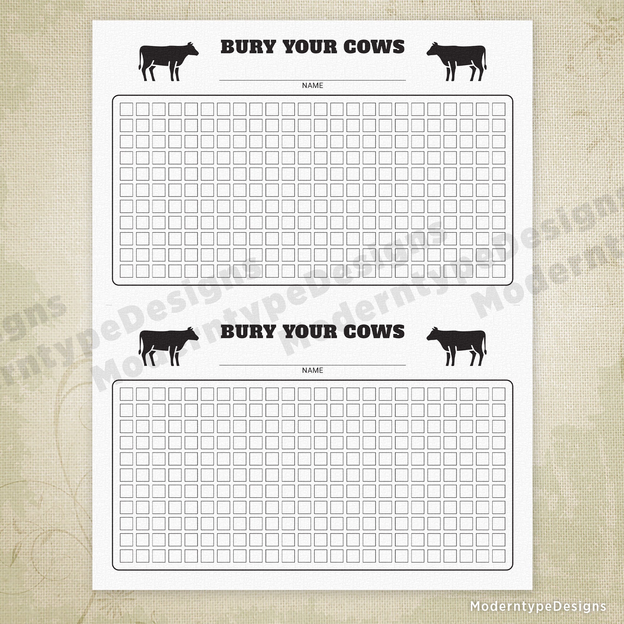 Bury Your Cows Car Game Printable, 8.5 x 5.5"