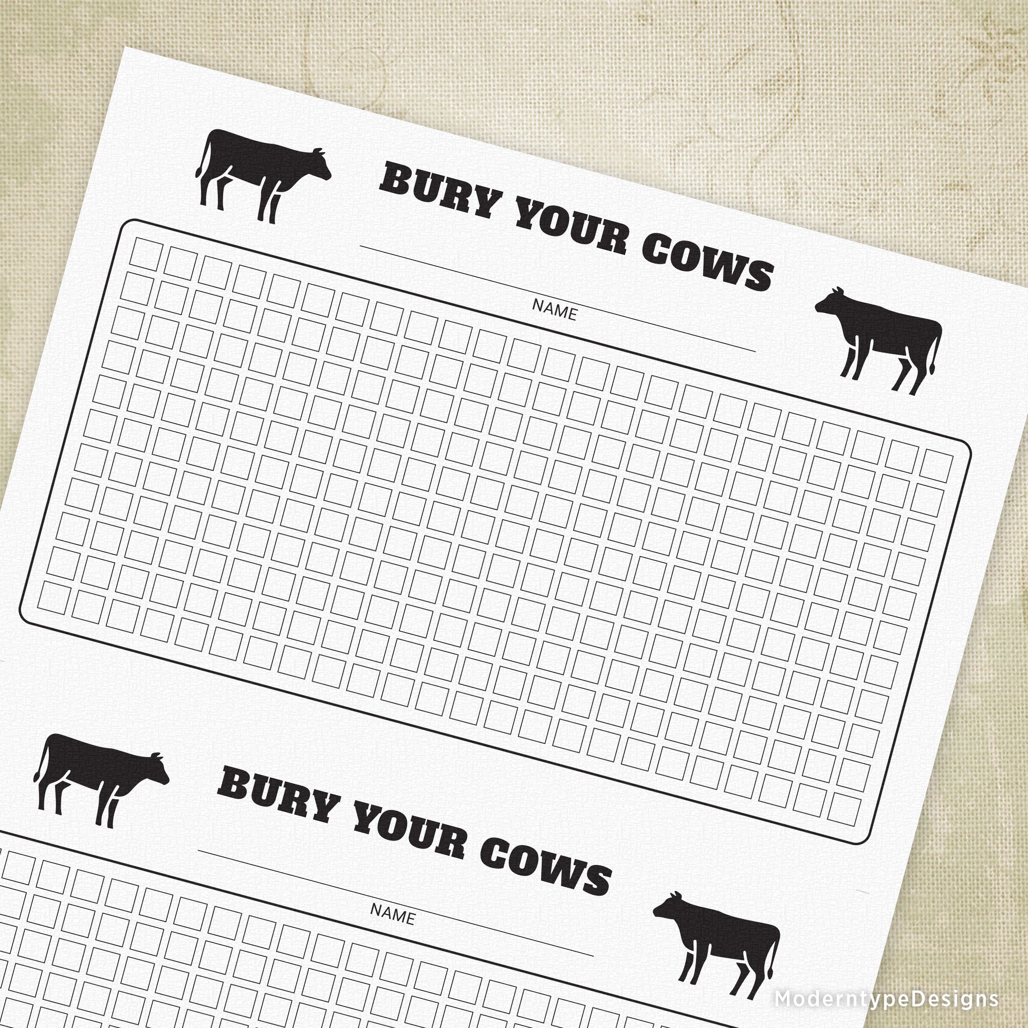 A printable 'Bury Your Cows' car game score sheet with a cow silhouette in the center and crop marks around the edges.