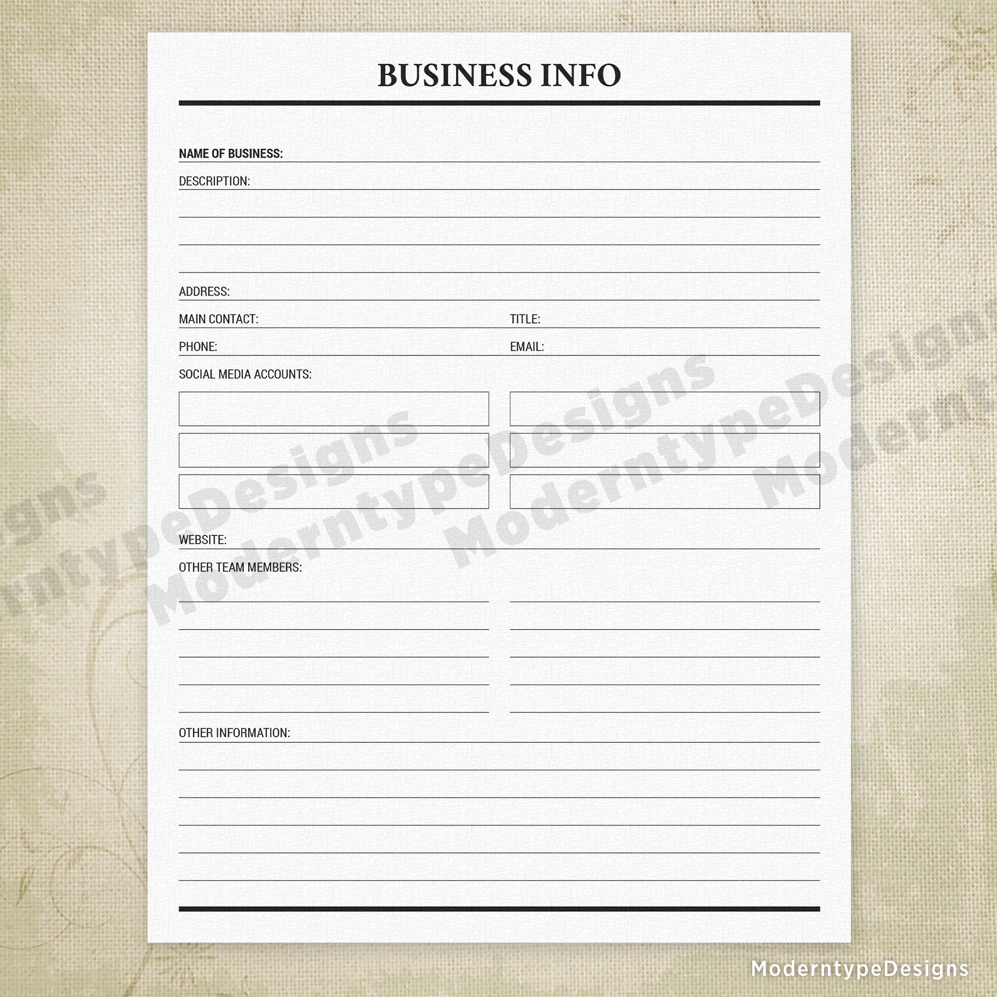 Business Info Printable