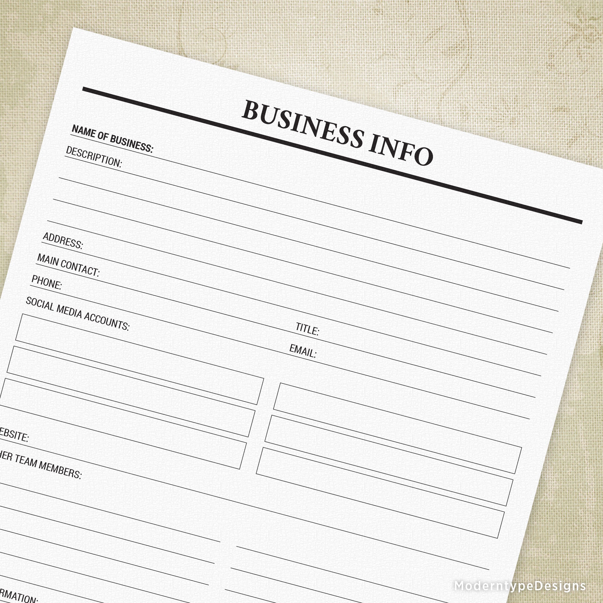This Business Info Printable PDF provides a concise and professional way to organize business account information, including addresses, contacts, and email and phone details.