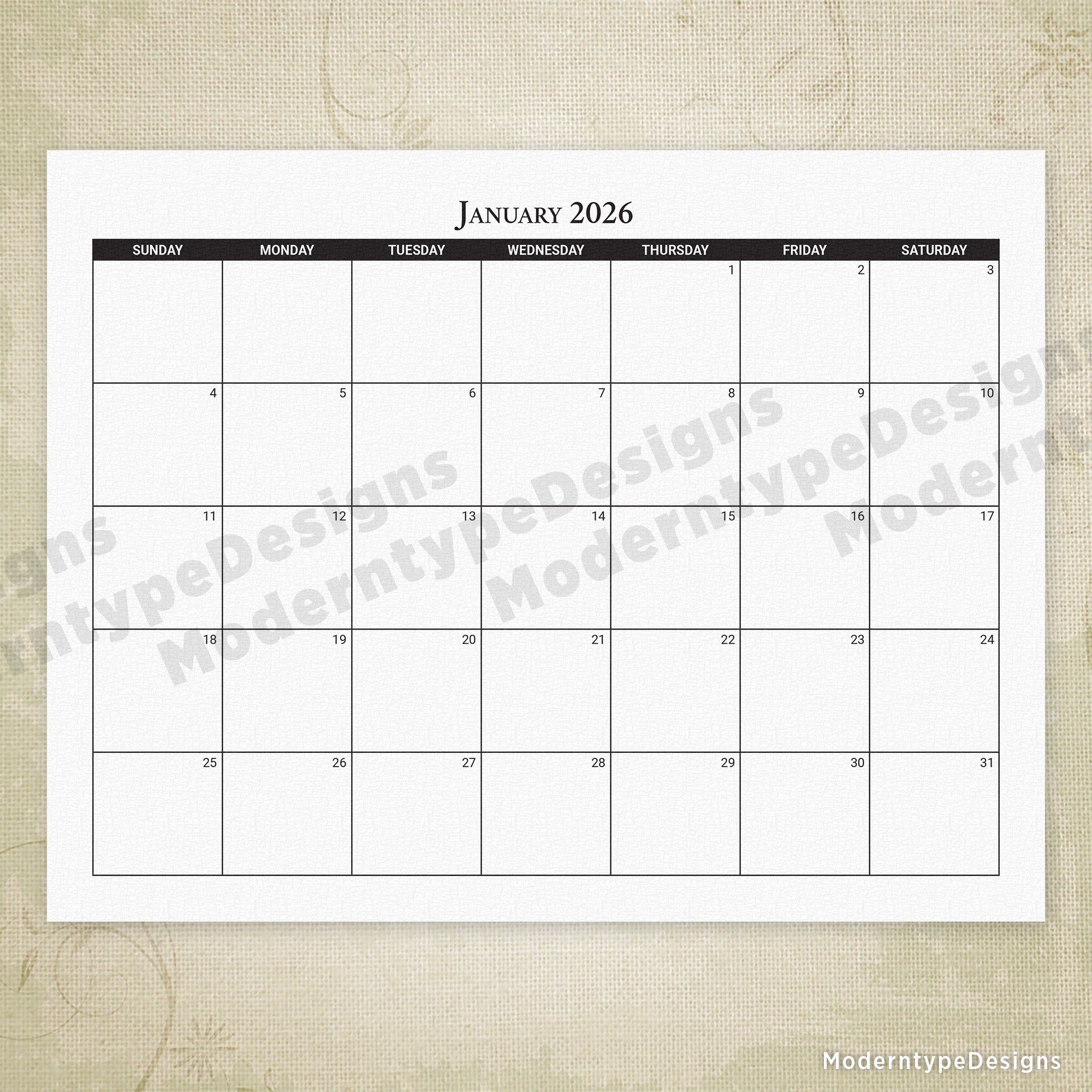 This is for a printable PDF monthly calendar for the year 2026. Plan out your days, weeks, & years with printable calendar pages. Includes 12 pages, 1 for each of the 12 months. Days of the week are marked, and the days are numbered in a small font. There are no other markings on these calendars (for example, holidays are not included). Each day is a blank square and has an optimal amount of white space to write your info.