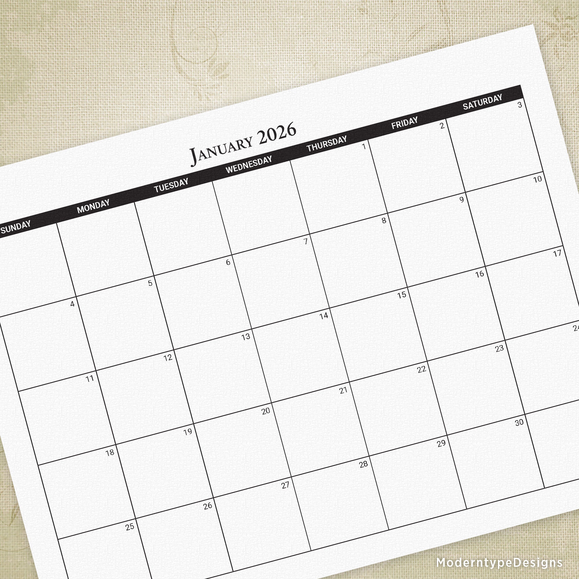 This is for a printable PDF monthly calendar for the year 2026. Plan out your days, weeks, & years with printable calendar pages. Includes 12 pages, 1 for each of the 12 months. Days of the week are marked, and the days are numbered in a small font. There are no other markings on these calendars (for example, holidays are not included). Each day is a blank square and has an optimal amount of white space to write your info.