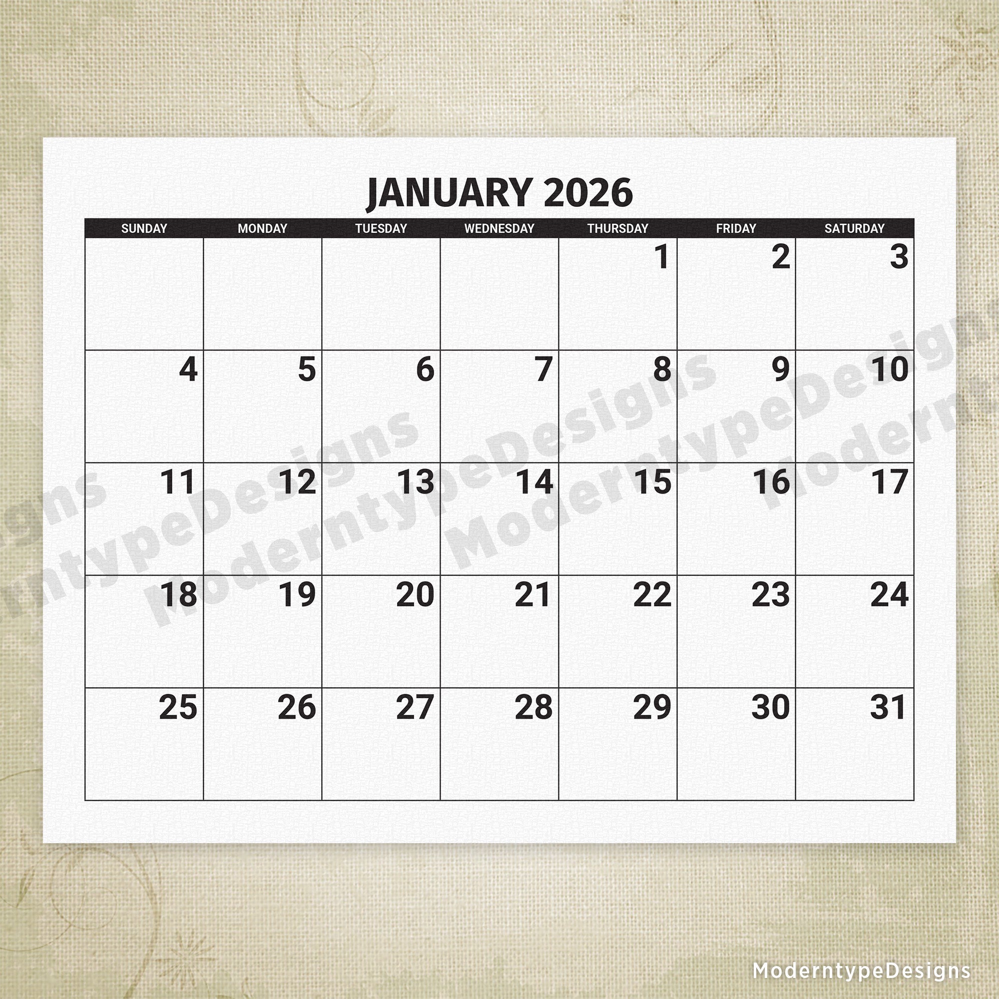 2026 Monthly Printable Calendar (Large Fonts)