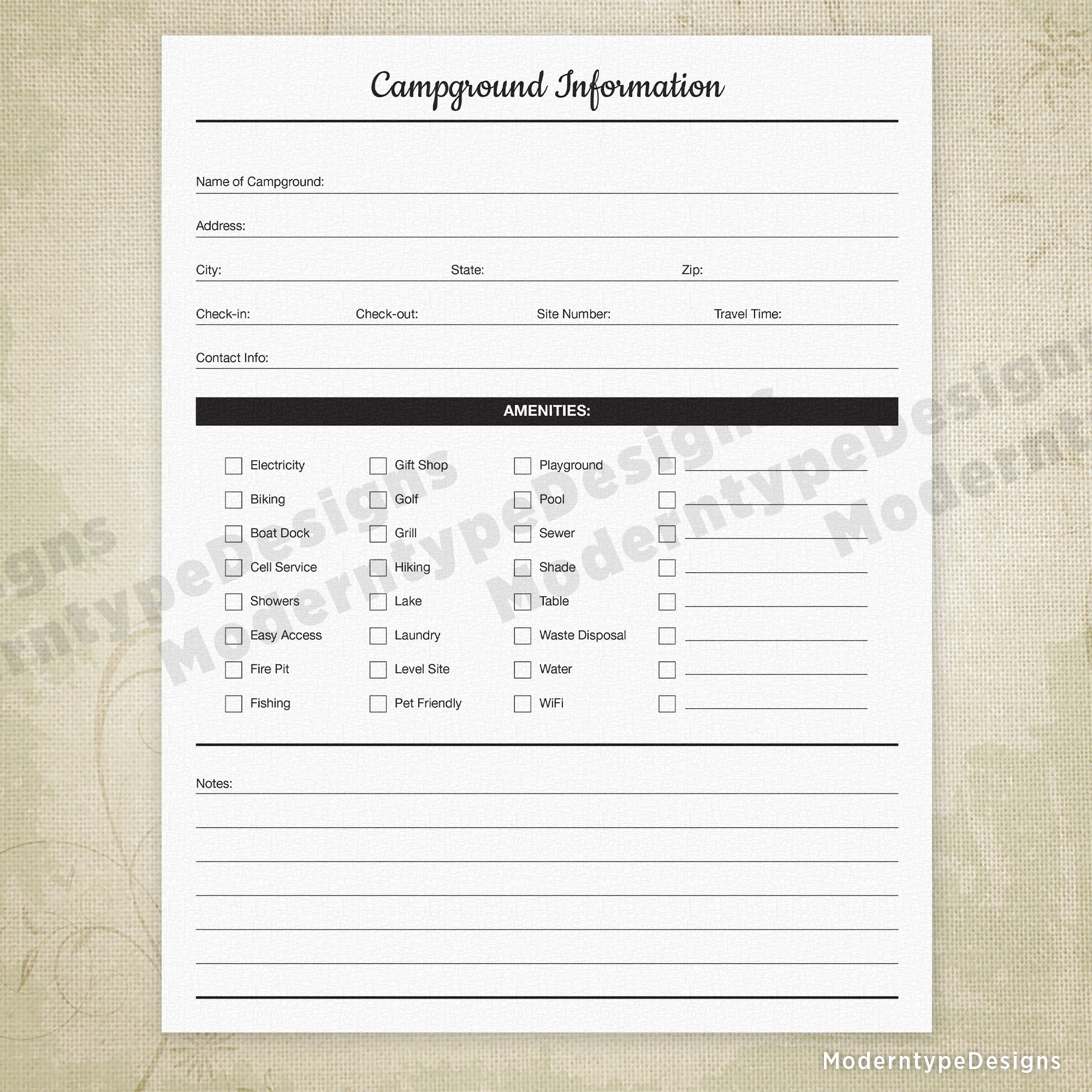 Campground Information Printable