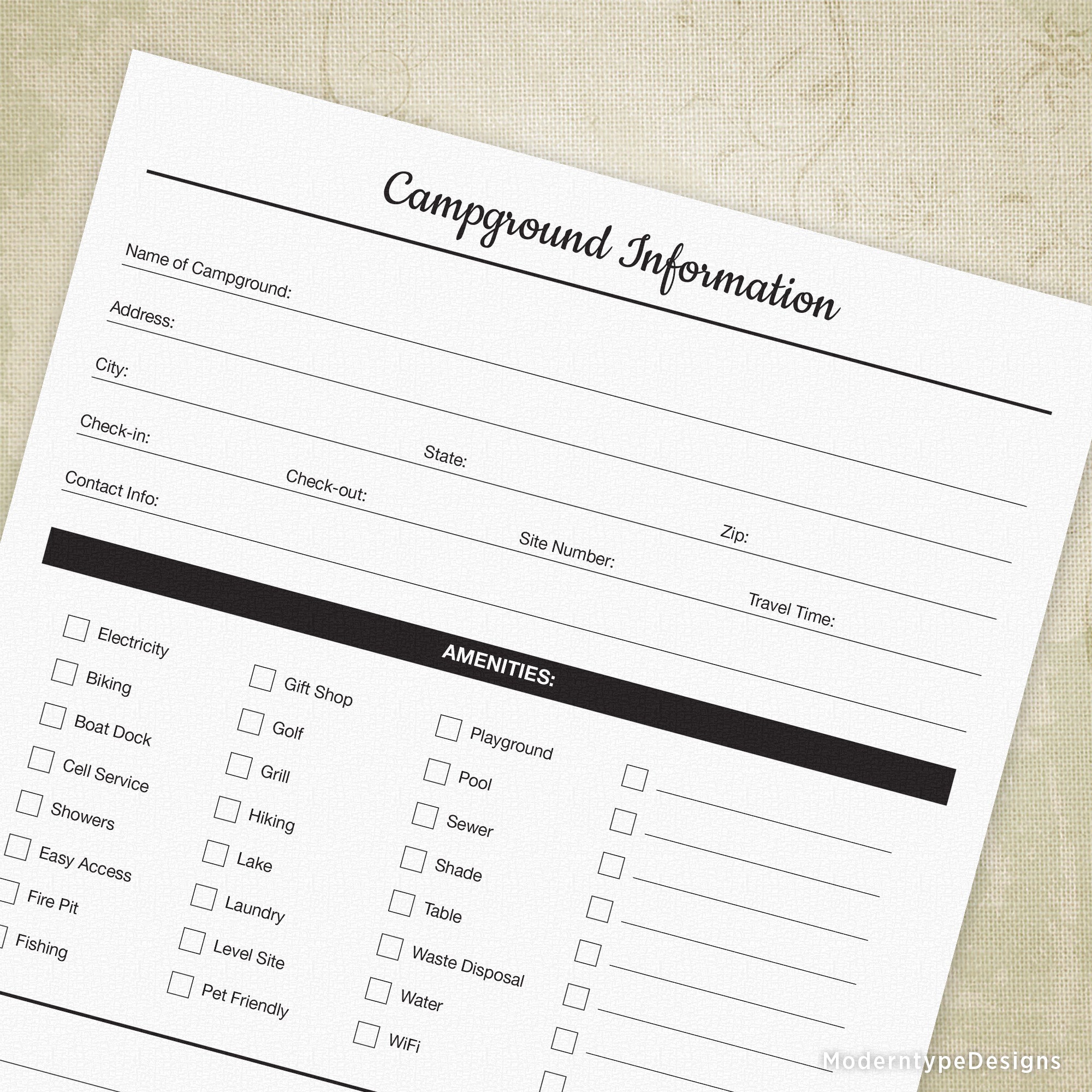 A printable campground information form with sections for name, address, phone, email, and travel details, along with a list of amenities.