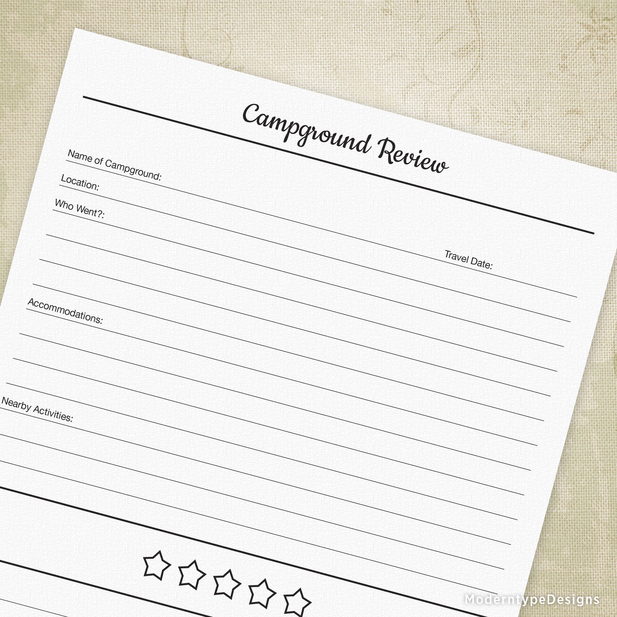 Record and catalog your preferred and disliked aspects of camping locations with the Campground Review Printable PDF, including reasons for each.