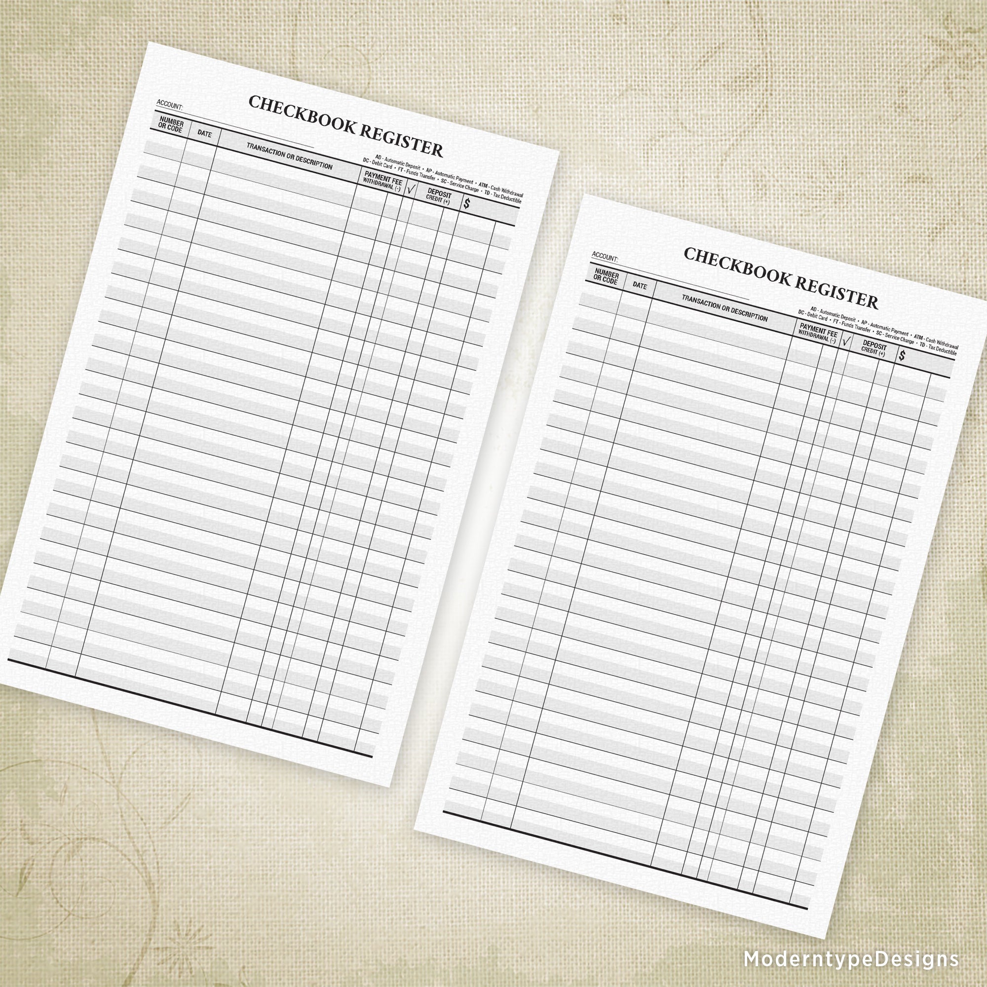 This is a Traditional Checkbook Register Printable PDF Form for a half sheet (2 up on letter size). Used for balancing your bank accounts.