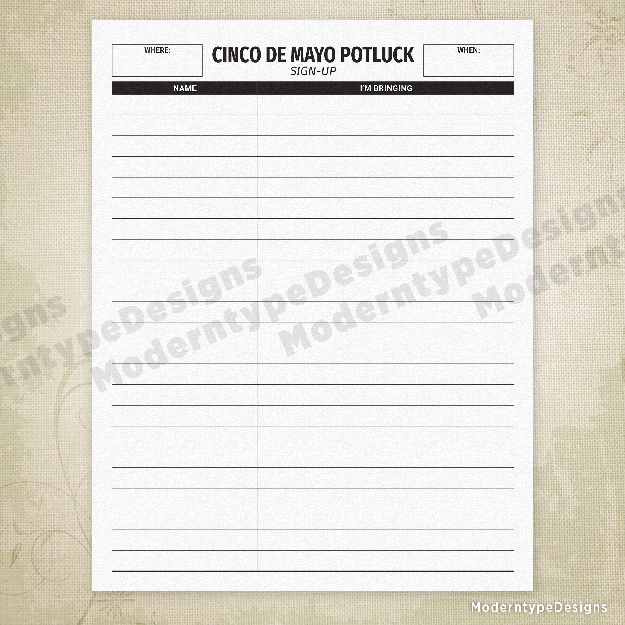 Organize your Cinco de Mayo celebration with this ready-to-print sign-up sheet. Perfect for coordinating potluck contributions, this template streamlines the planning process by clearly listing dishes and attendees.