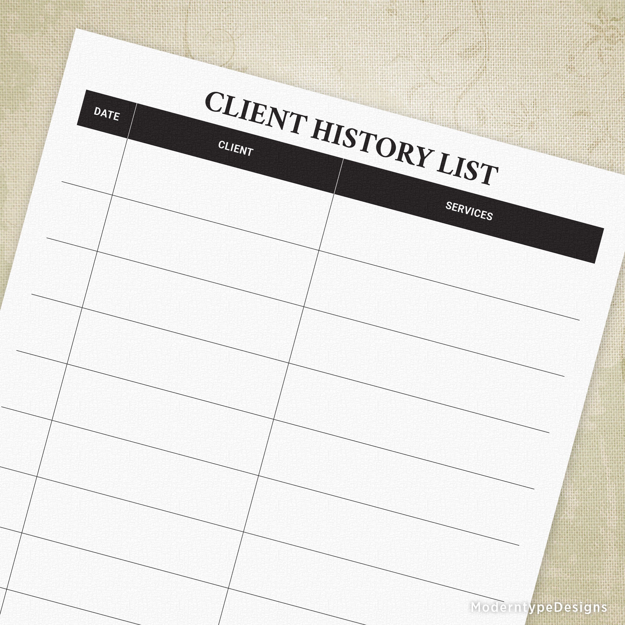 A printed client history list with columns for date, client, and services, with black content on a white background.