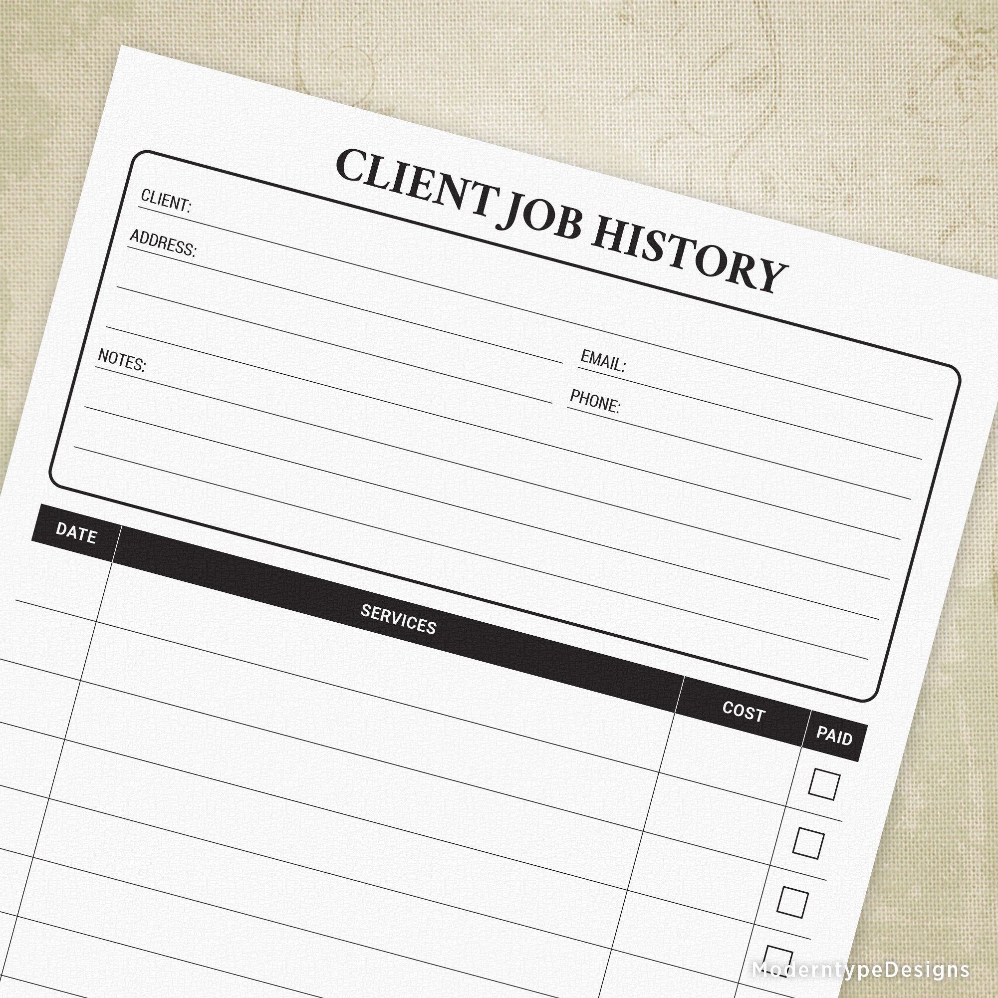 A preview of a printable PDF titled 'CLIENT JOB HISTORY' with sections for capturing contact details and job history, including fields for client name, address, email, phone, notes, date, services, cost, and paid status.