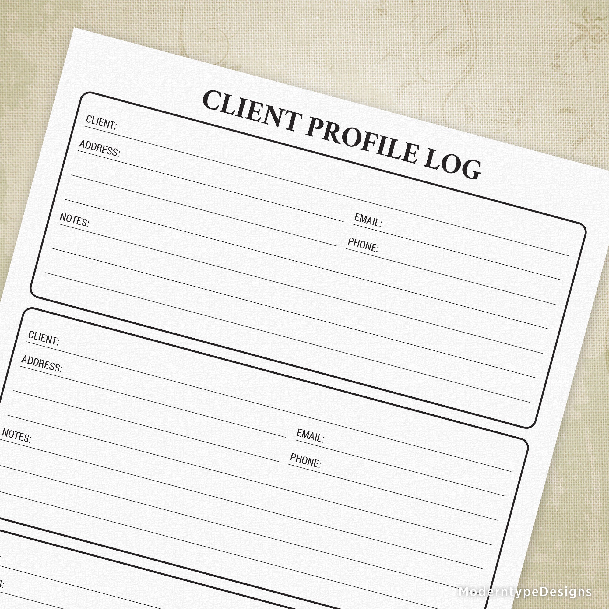 A preview of a Client Profile Log Printable PDF showing two pages with sections for client name, address, email, phone, and notes.