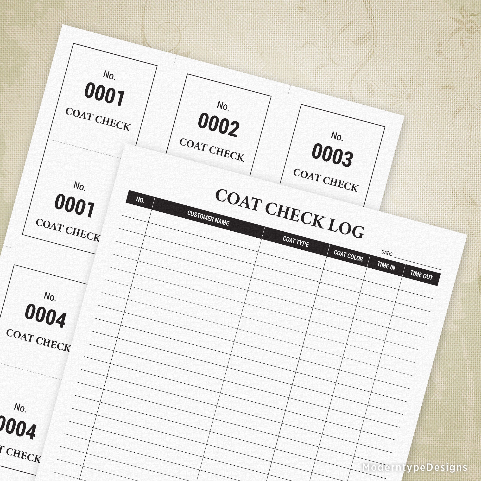A set of printable coat check tickets and log sheets with numbered lines and crop marks for cutting.