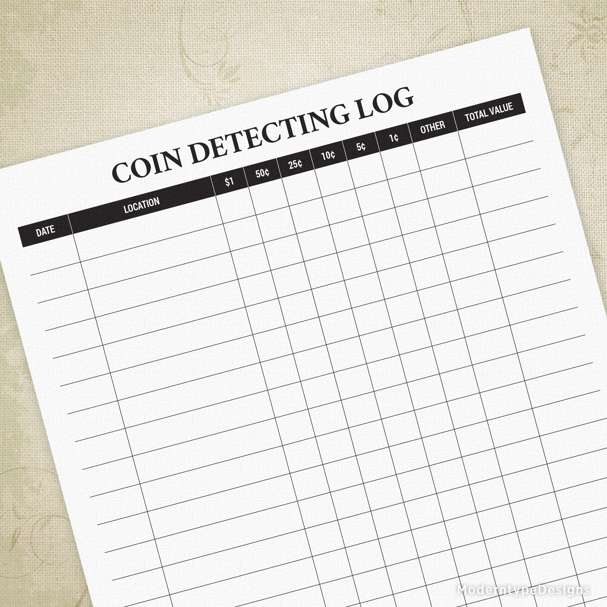 A photo of a printed "Coin Detecting Log", a table with columns for date, time, location, coin type, and value.