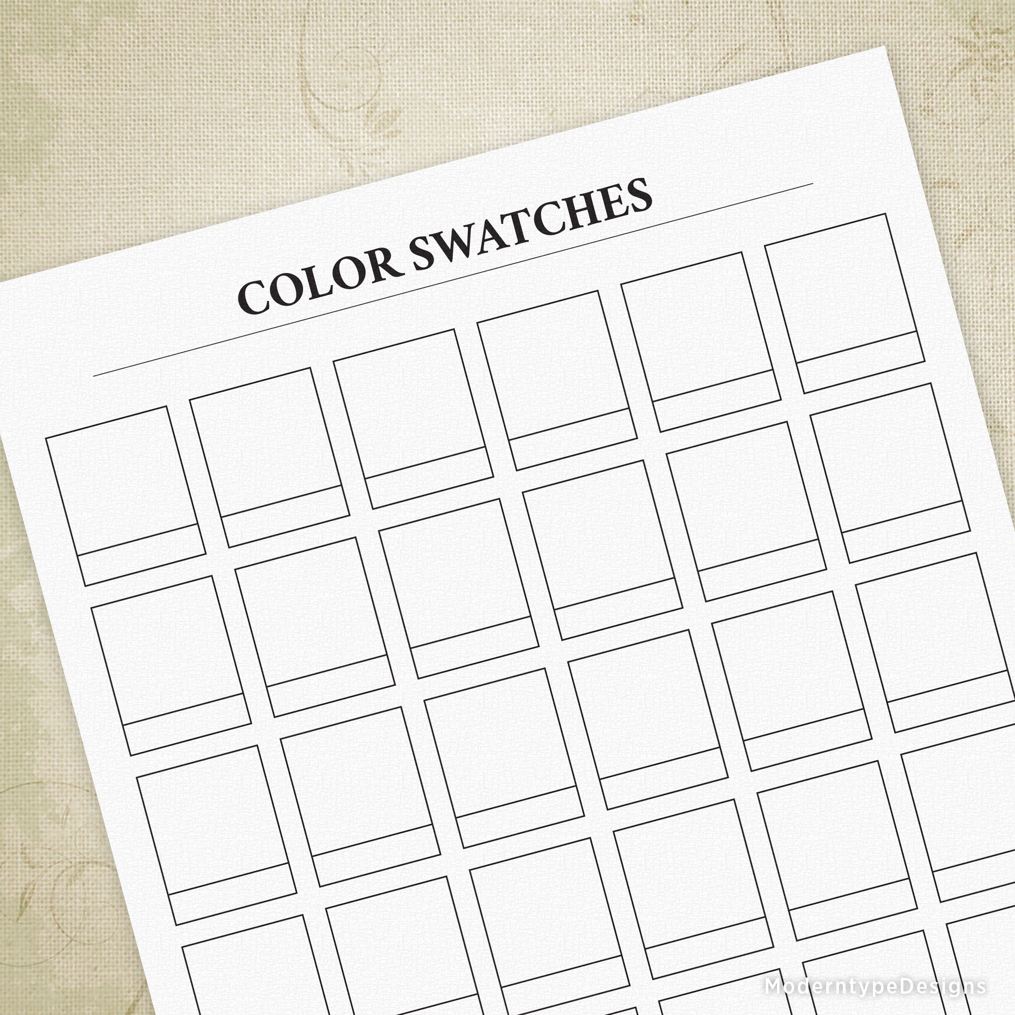 A PDF color swatch page with white background and black text, titled 'COLOR SWATCHES', with multiple color swatch boxes for writing in color names.