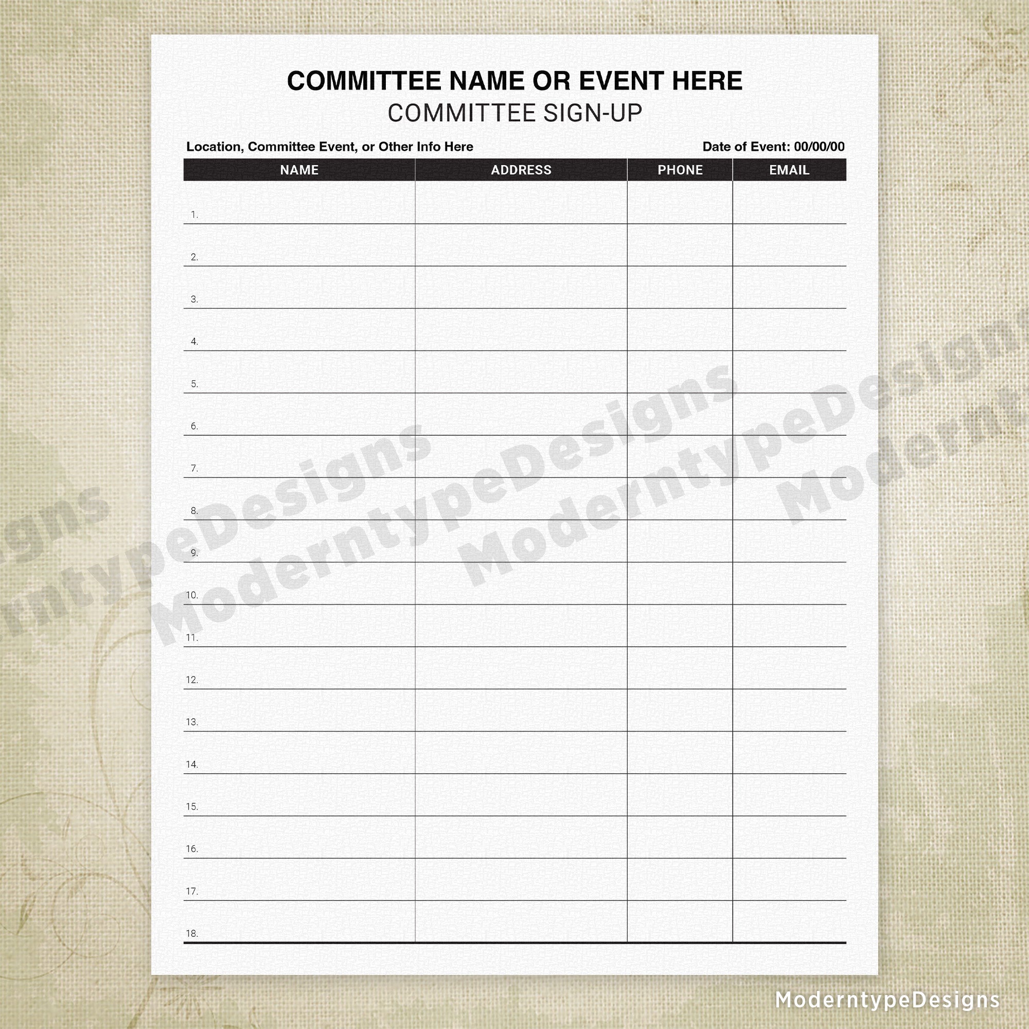 This is a Committee Sign-up Printable Form PDF with 3 editable fields. Keep track of your people with a sign-up list that will contain their addresses, phone numbers, and emails. "Committee Sign-up" at the top cannot be edited. Column header text is "Name", "Address", "Phone", and "Email". There are also 18 numbered lines for your workers to write their info. All other text in the thumbnails shows where you can edit info.