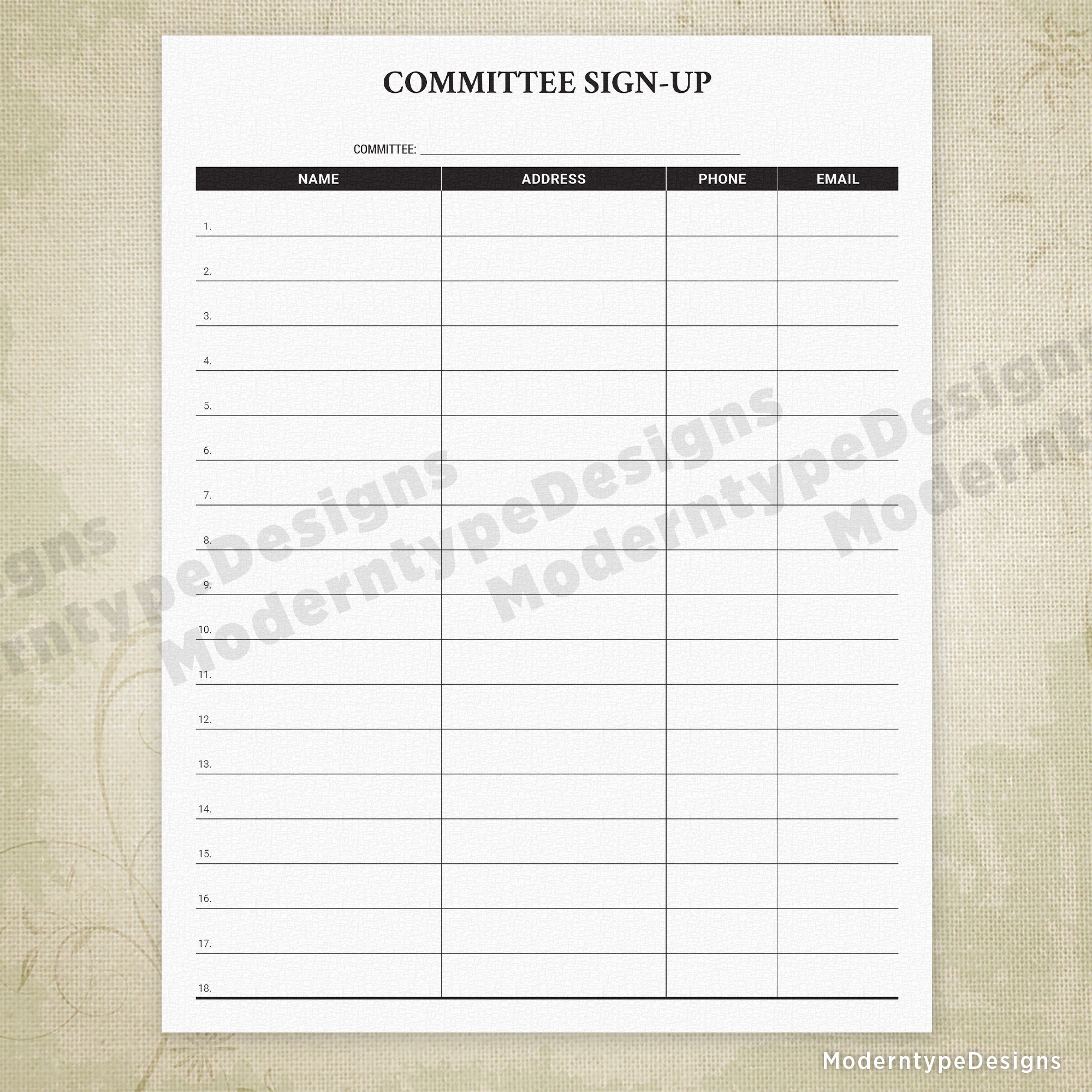 This is a Committee Sign-up Printable Form PDF. Track your potential members so you can contact them when you need to.