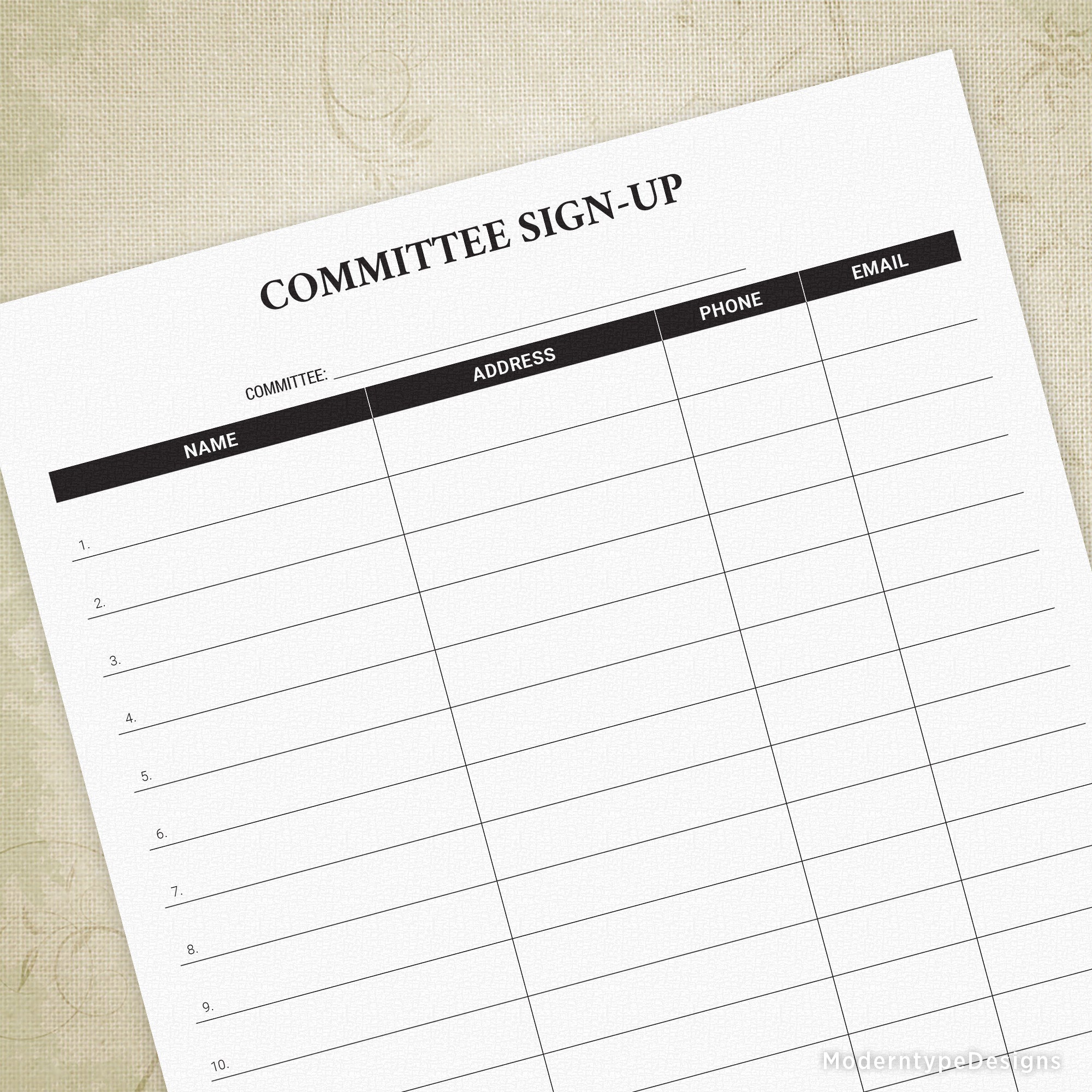 This is a Committee Sign-up Printable Form PDF. Track your potential members so you can contact them when you need to.