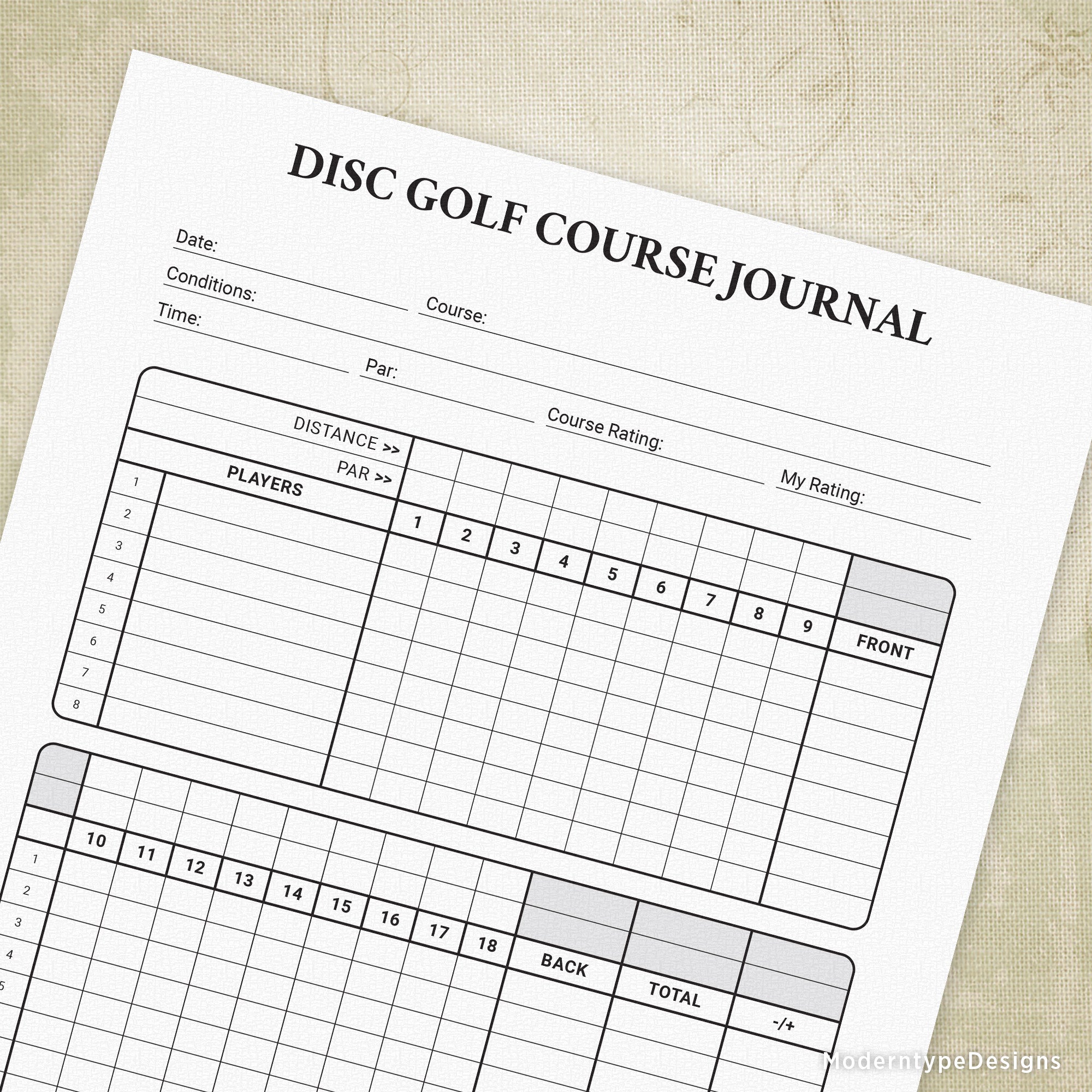 A printed disc golf course journal with lines and boxes for recording scores and details, placed on a table.