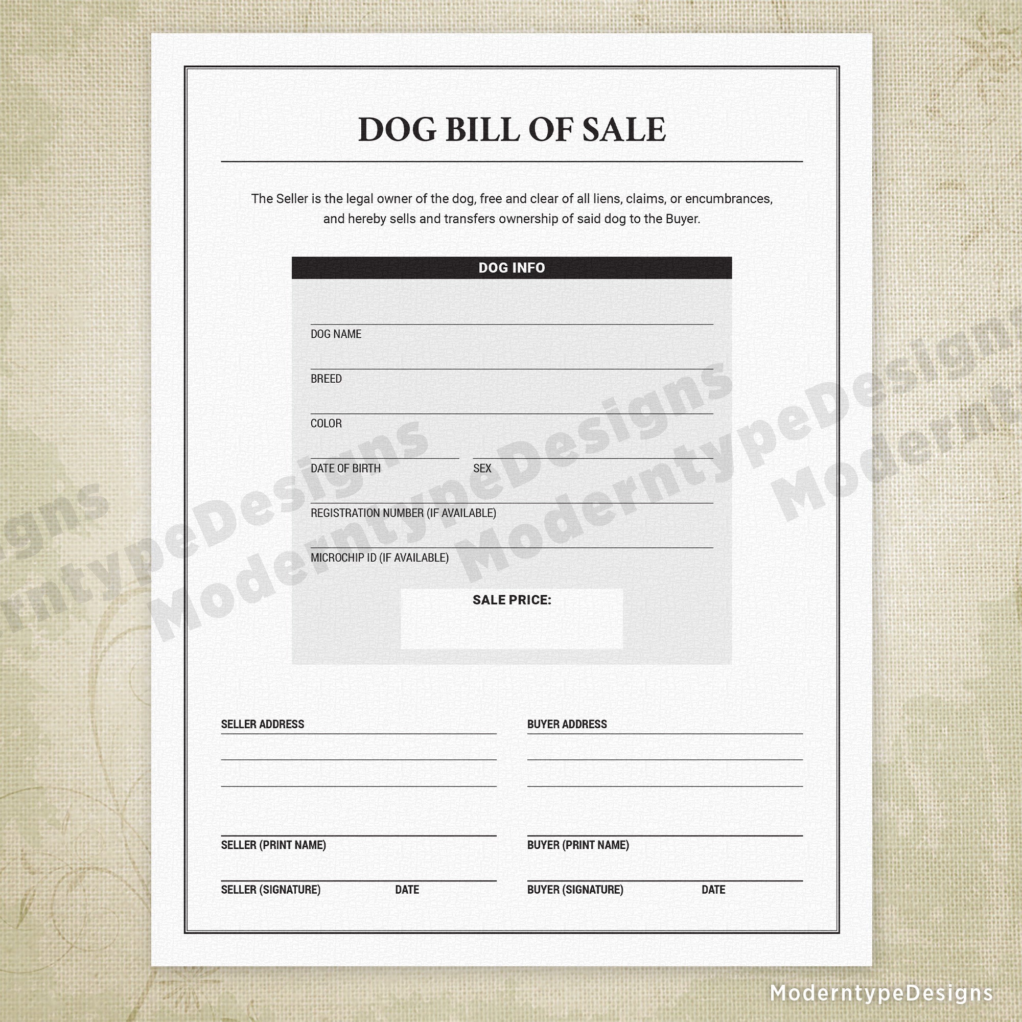 Ensure smooth and secure dog transactions with this Dog Bill of Sale Printable PDF. Designed for clarity and completeness, it provides all necessary details to legally record the sale of a dog.
