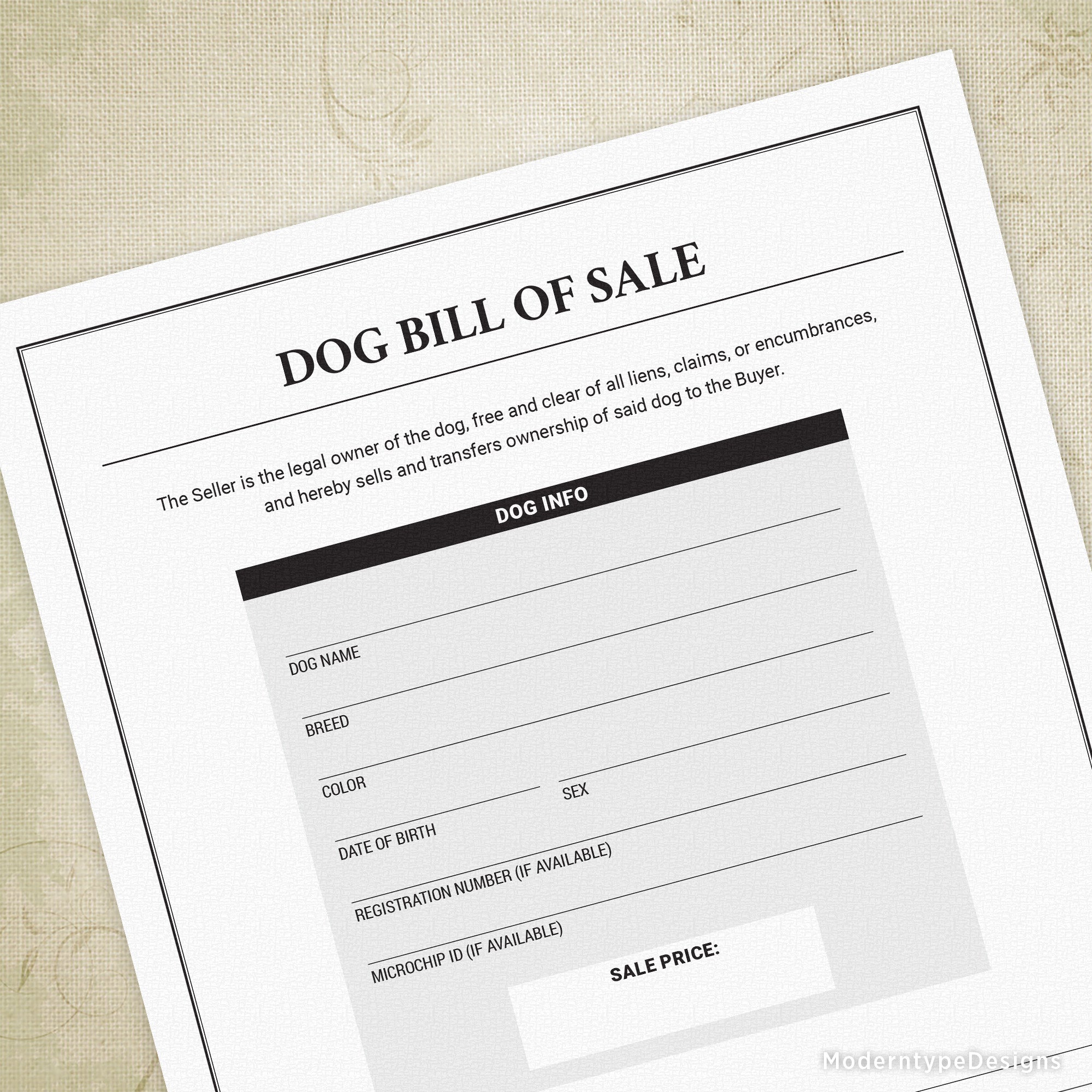 Ensure smooth and secure dog transactions with this Dog Bill of Sale Printable PDF. Designed for clarity and completeness, it provides all necessary details to legally record the sale of a dog.