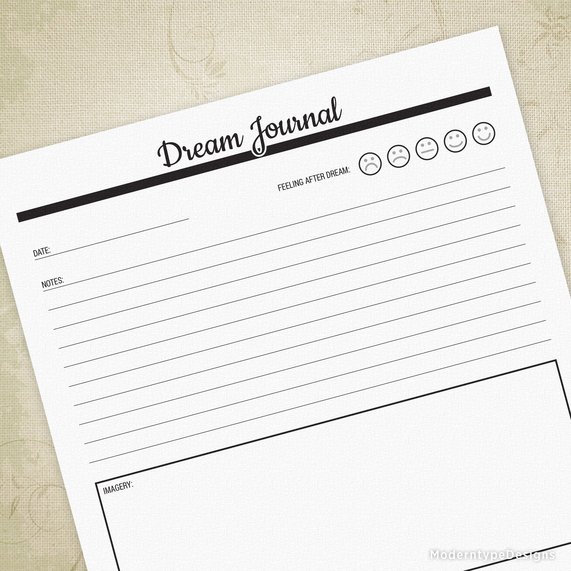 A printed dream journal with a title page, a list of prompts, and spaces for writing.