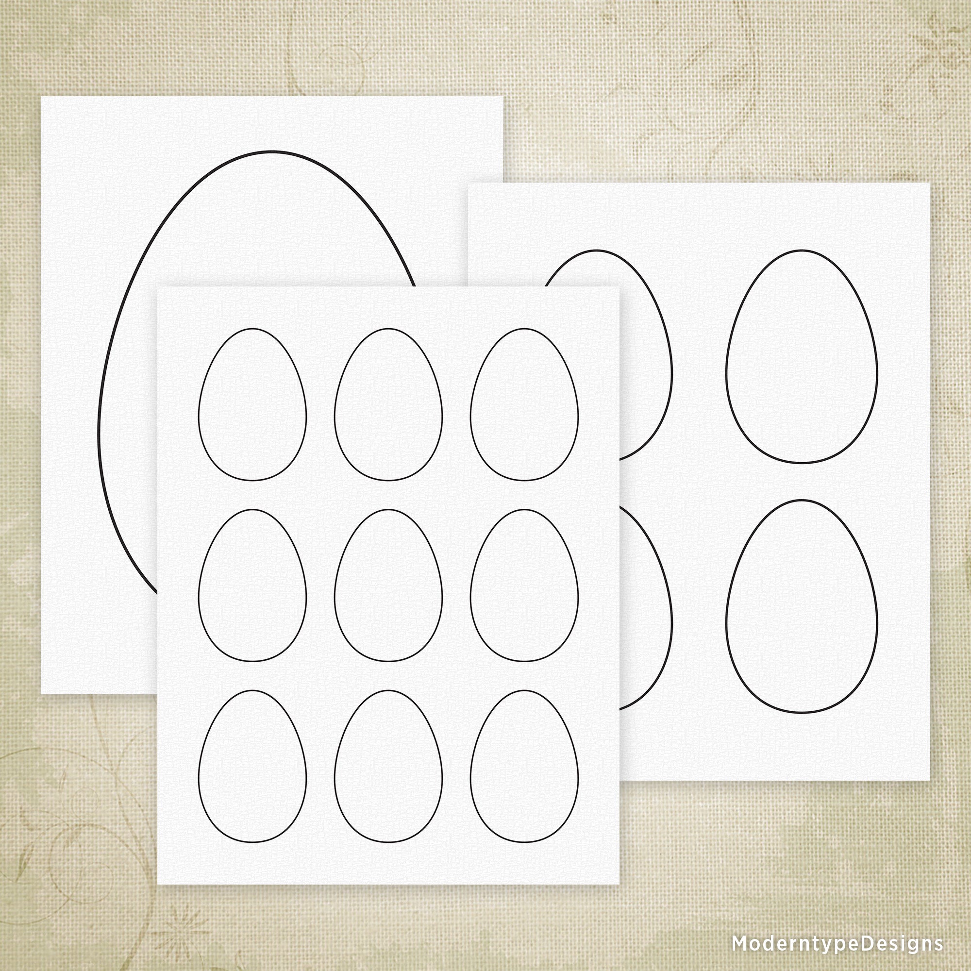 Printable Easter eggs template shown in portrait orientation with varying designs, intended for coloring or creative projects.