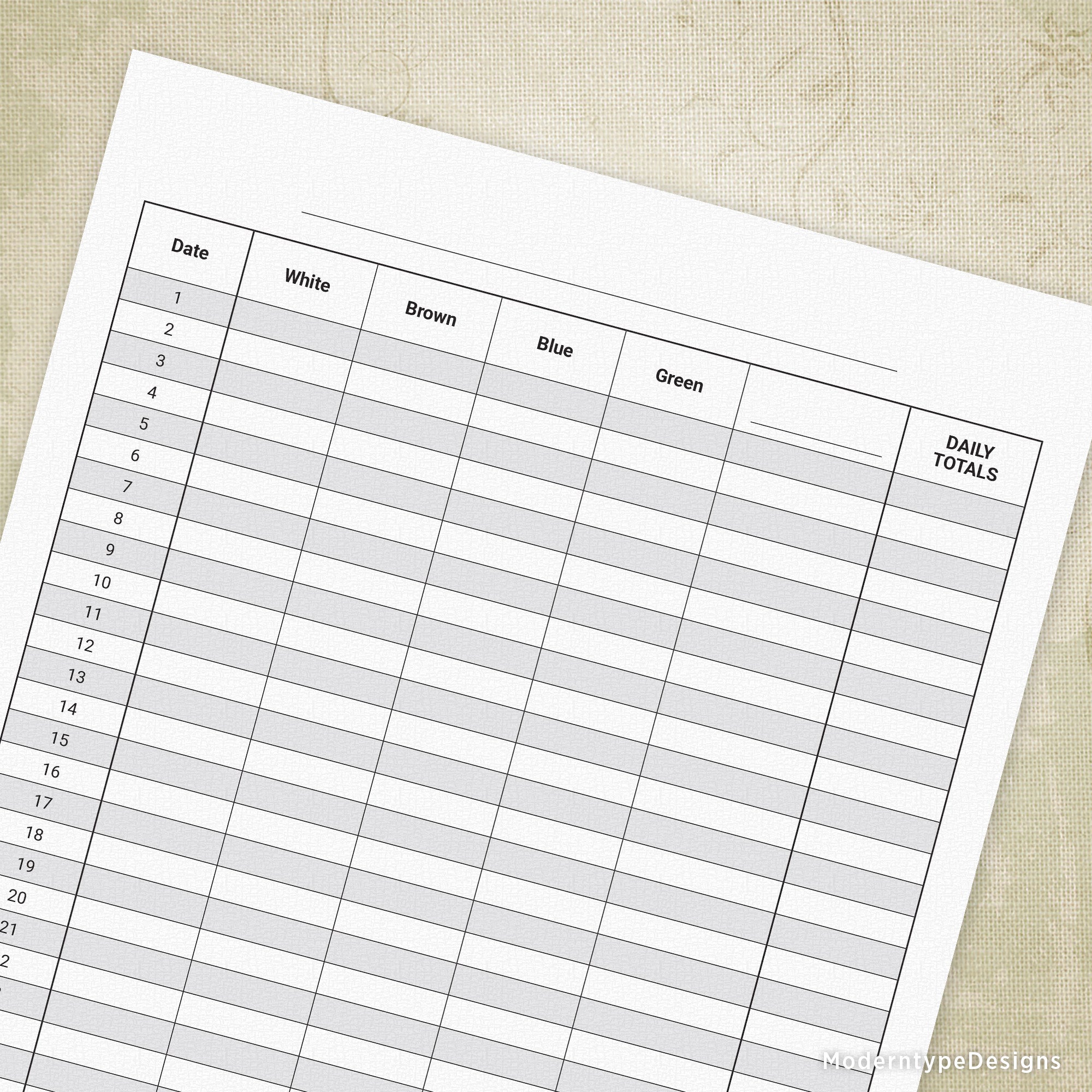 A photo of a printable egg inventory tracker sheet with columns for date, white, brown, blue, and green eggs, and a 'DAILY TOTALS' row.