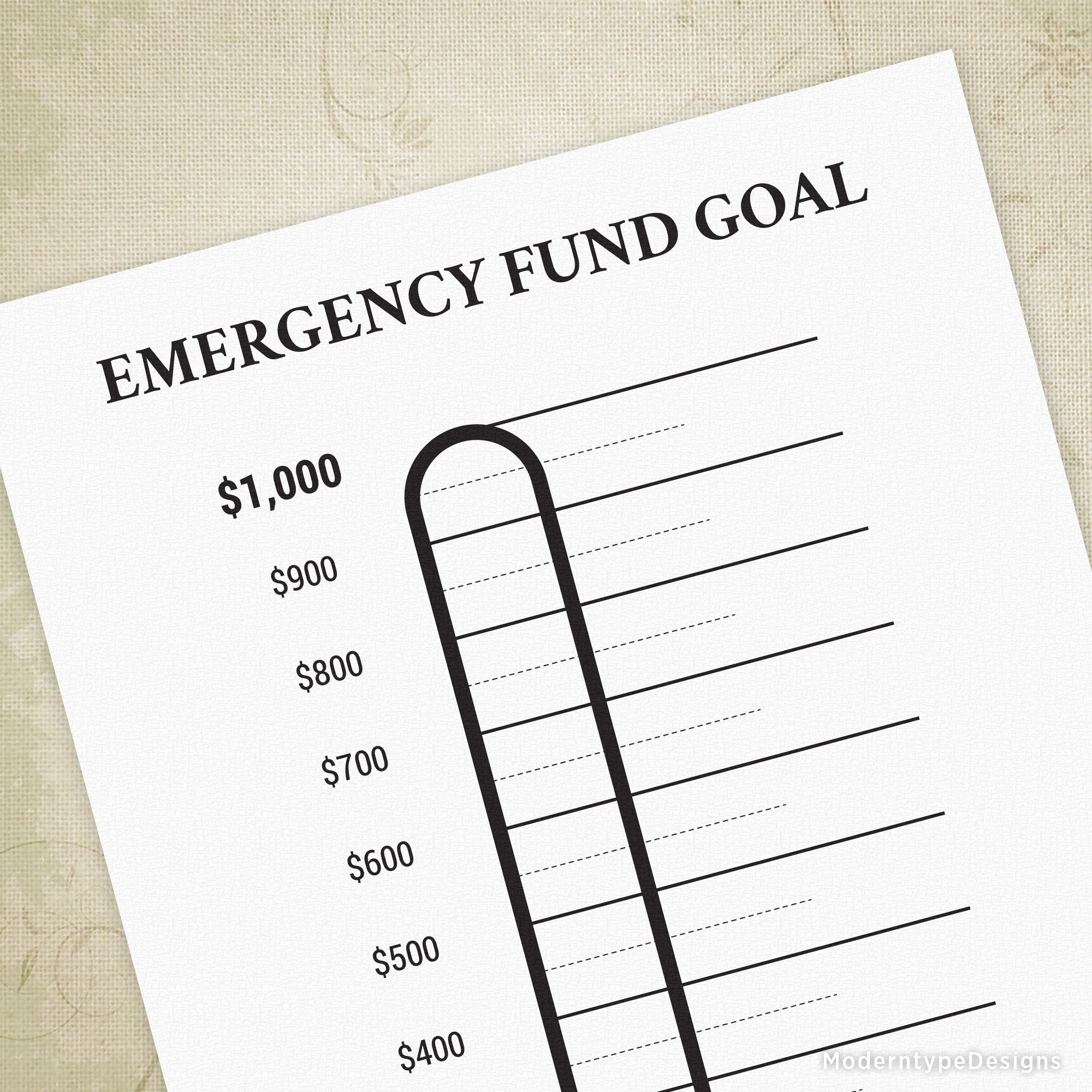 Tracking your $1,000 emergency fund is simple and motivating with this Emergency Fund Goal Printable PDF. Featuring a clear thermometer scale, it visually represents your progress toward your financial safety net.