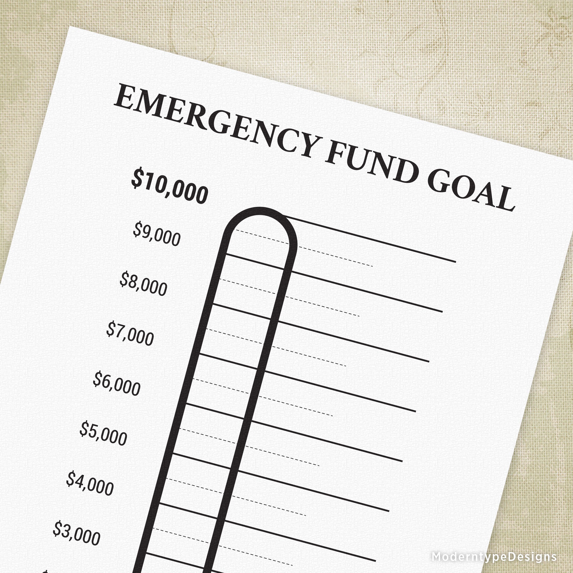 Tracking your $10,000 emergency fund is simple and motivating with this Emergency Fund Goal Printable PDF. Featuring a clear thermometer scale, it visually represents your progress toward your financial safety net.