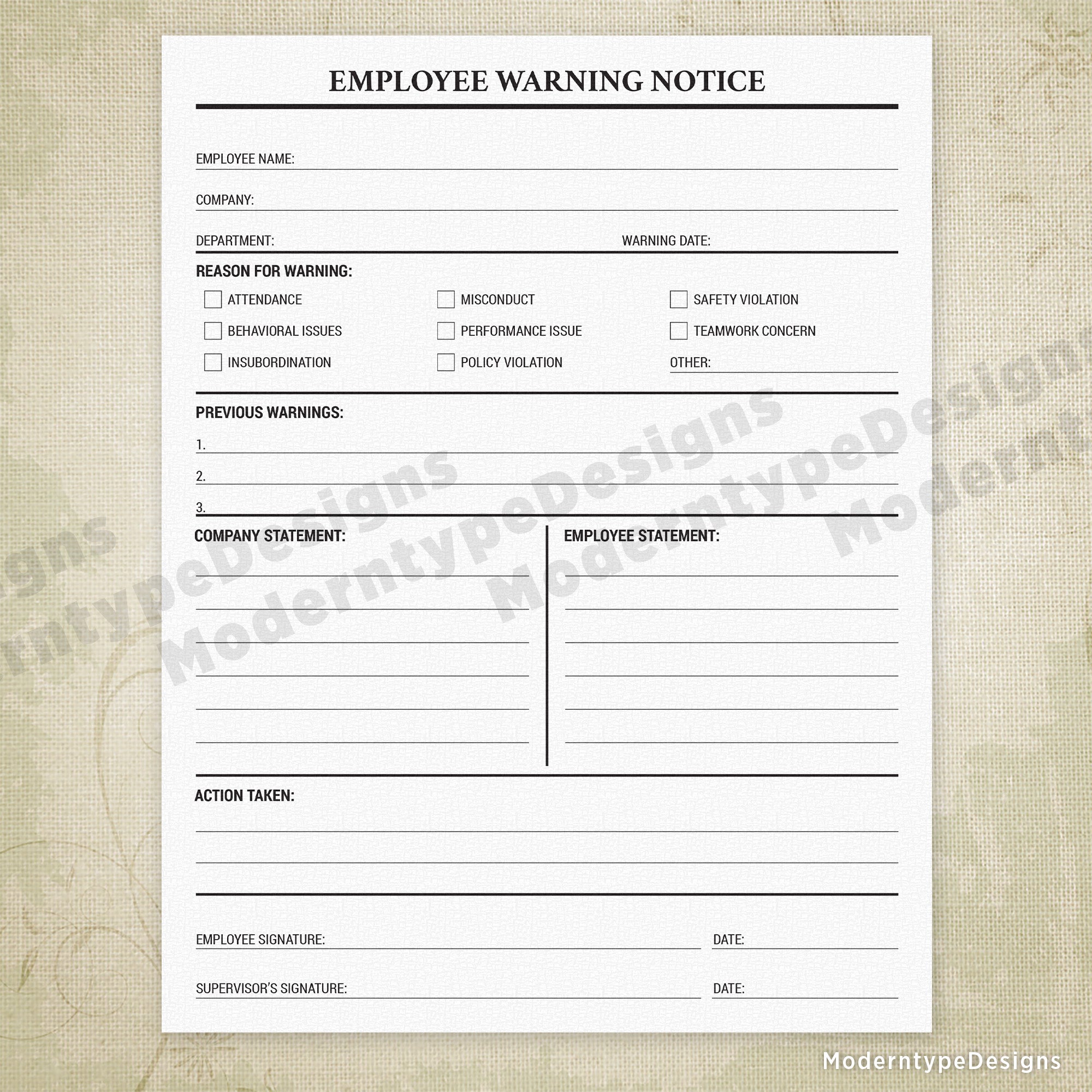 Employee Warning Notice Printable