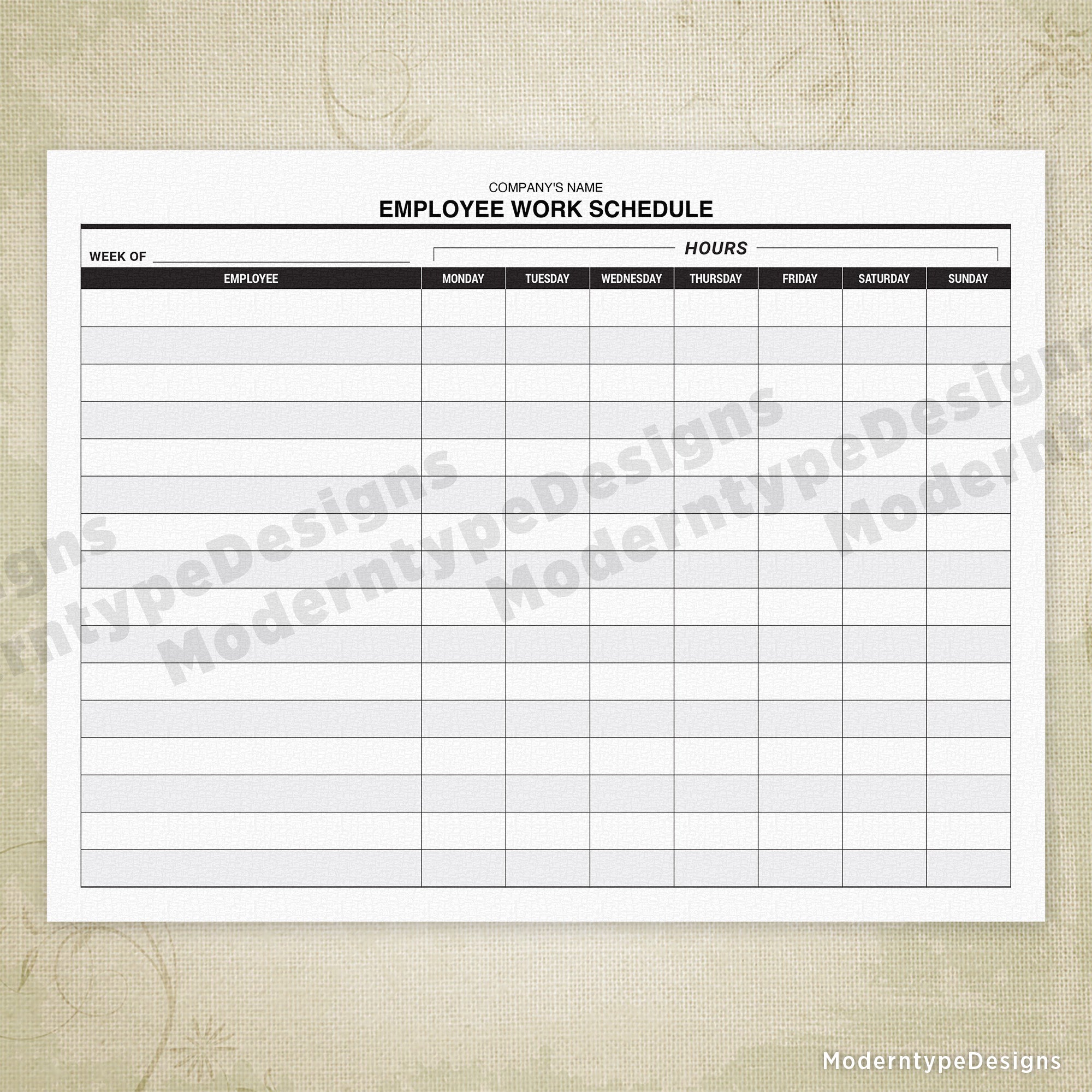 Employee Work Schedule Printable Form (Monday - Sunday), Personalized