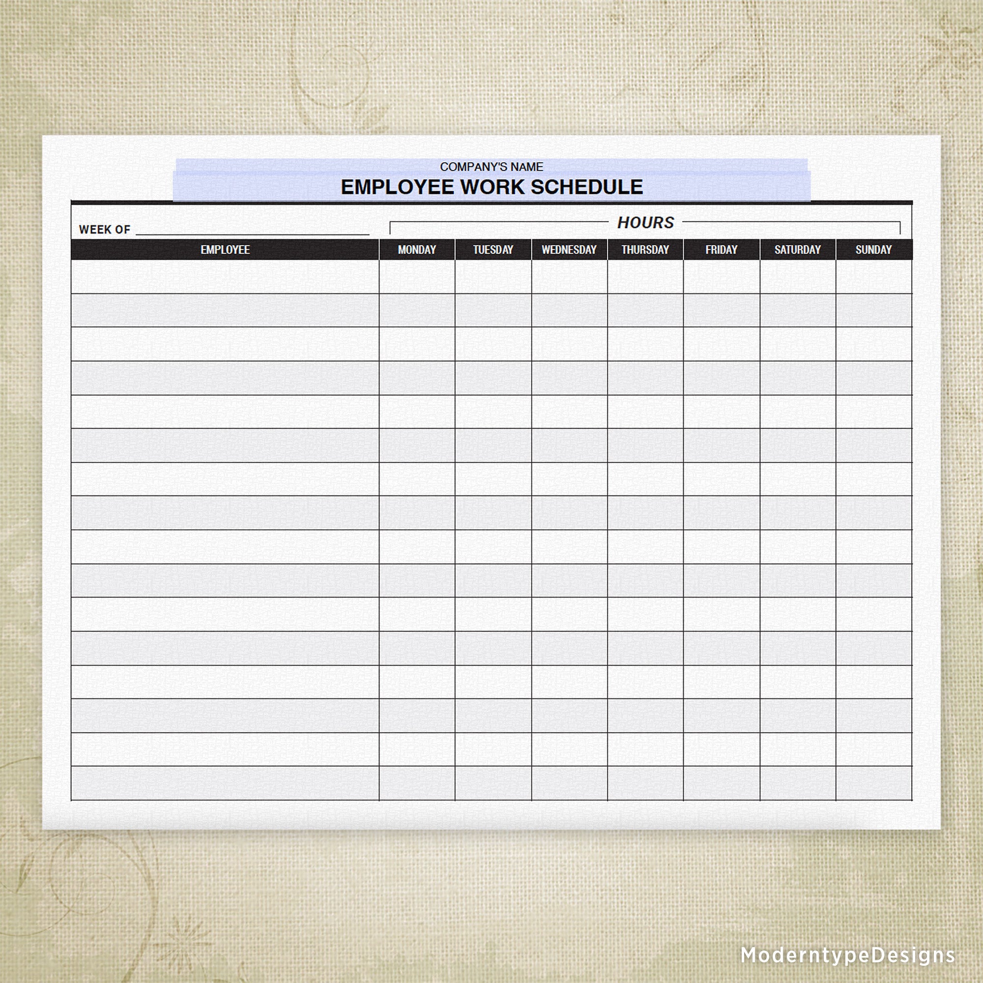 Employee Work Schedule Printable Form (Monday - Sunday), Personalized