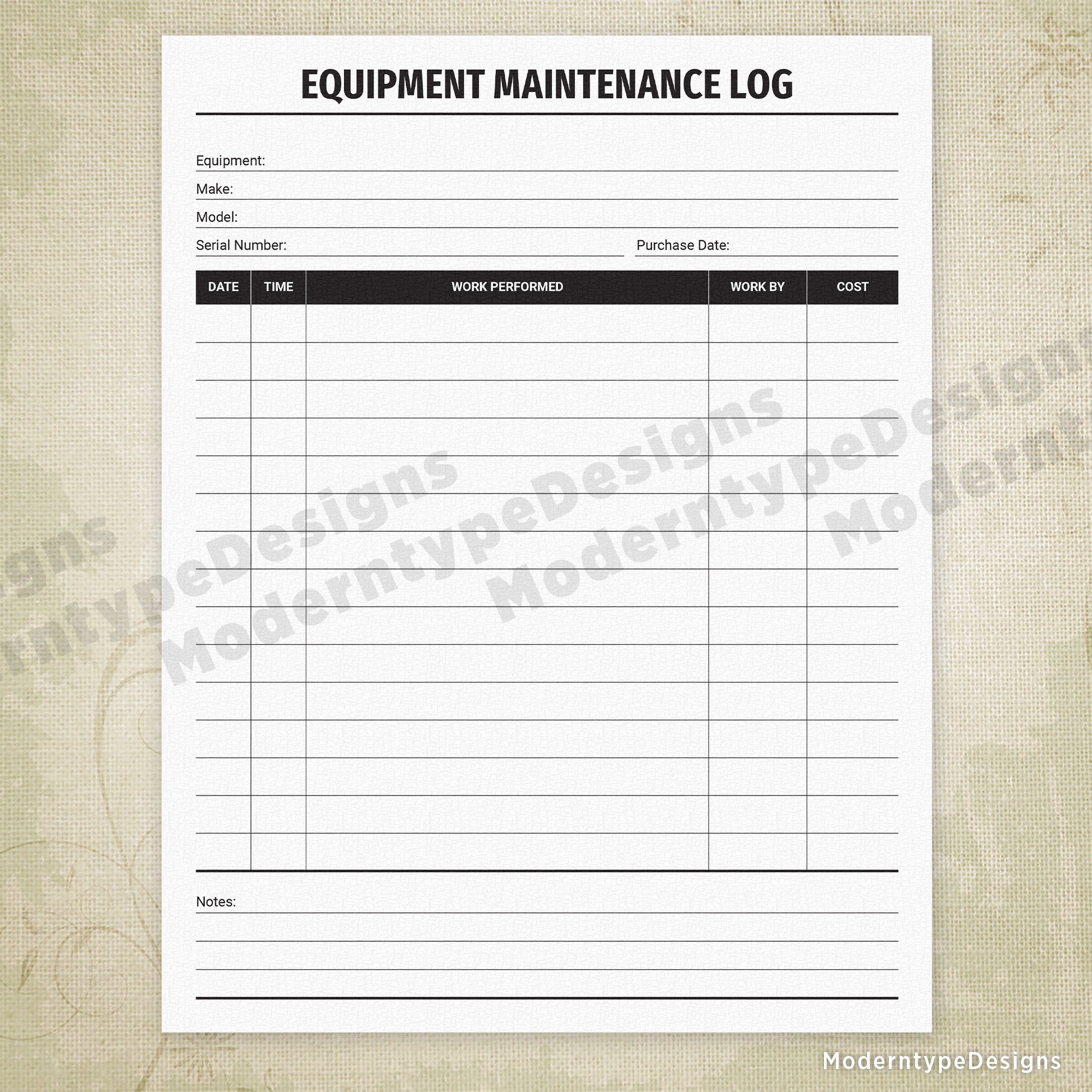 Equipment Maintenance Log Printable