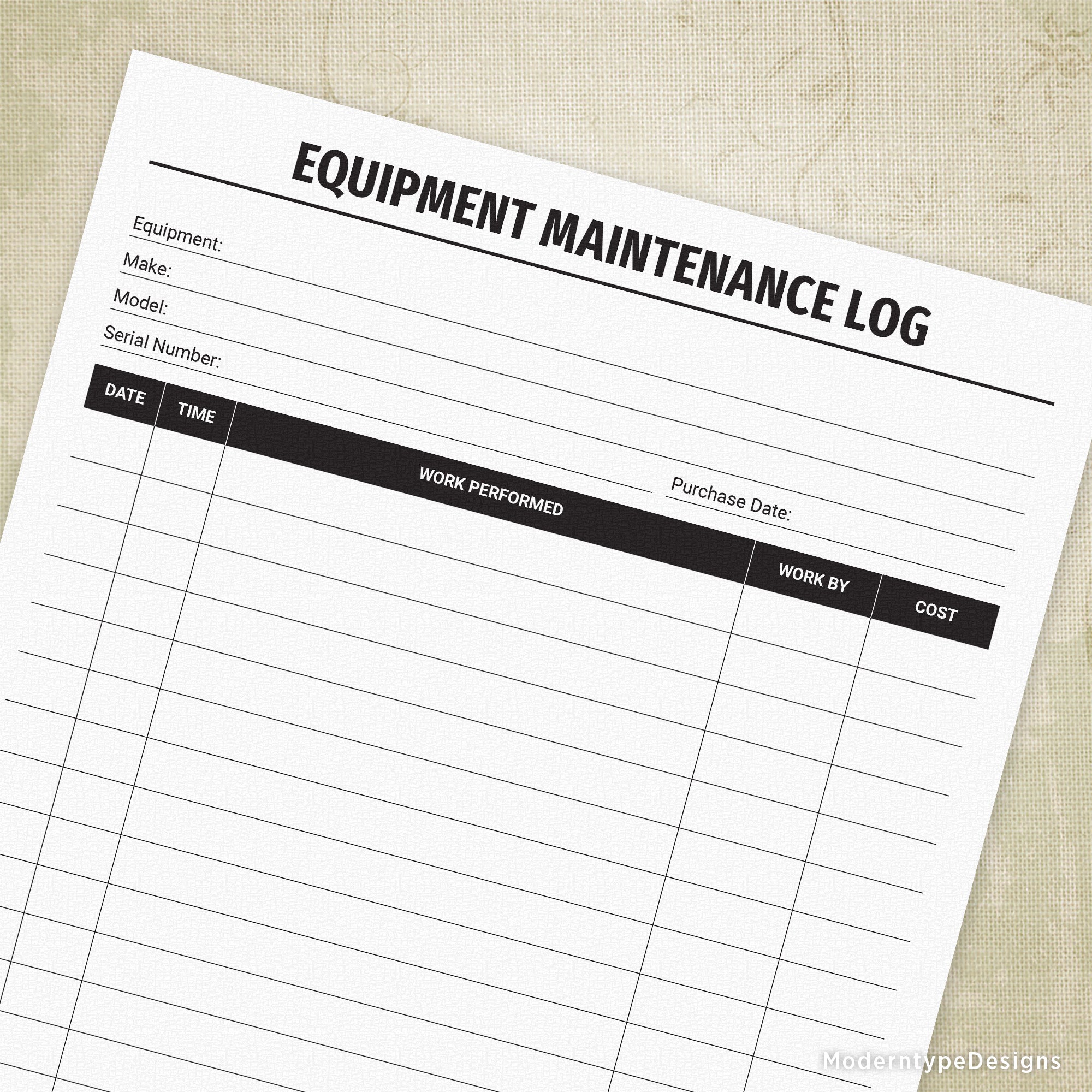 A printed equipment maintenance log with fields for equipment details, date, time, work performed, by whom, and cost.