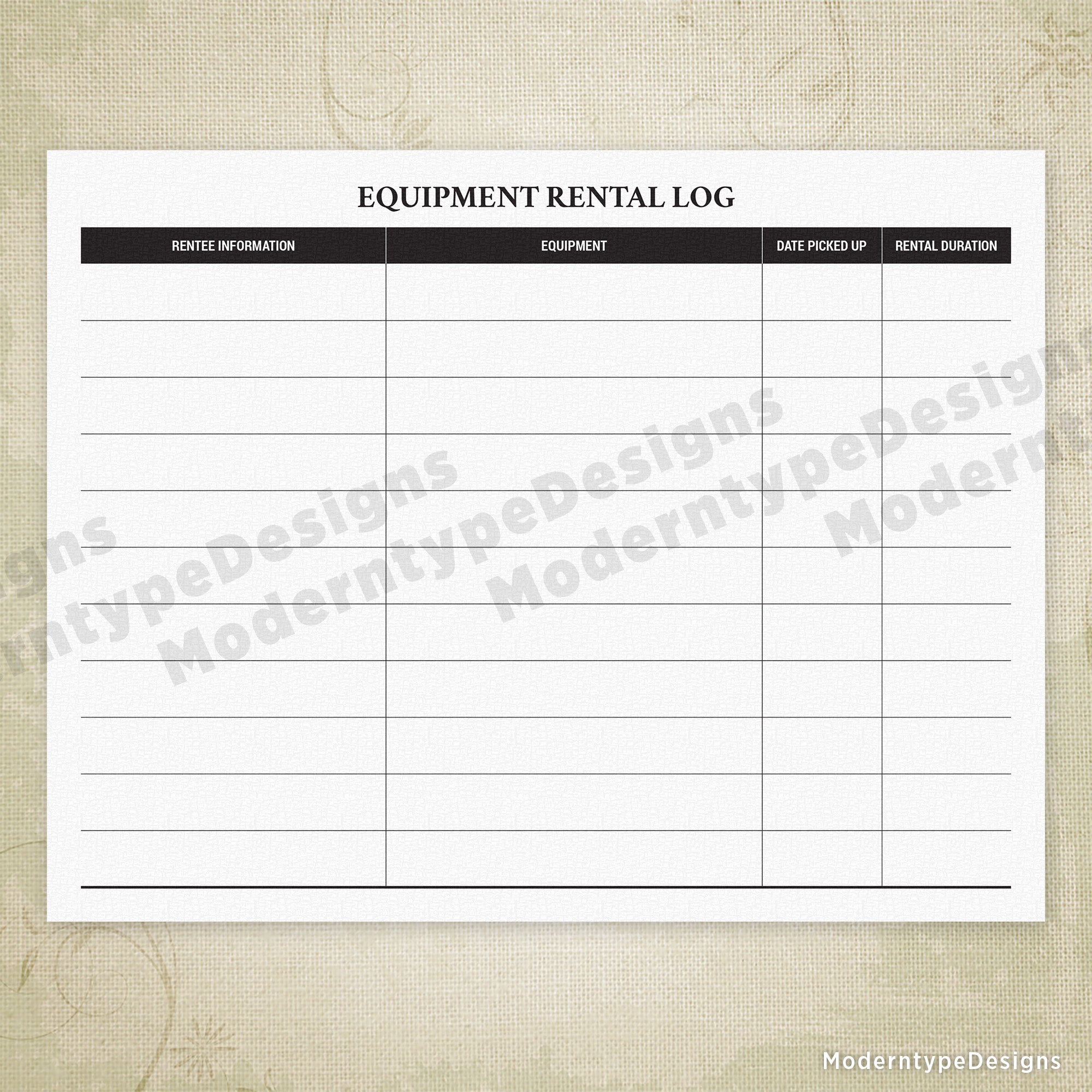 Equipment Rental Log Printable