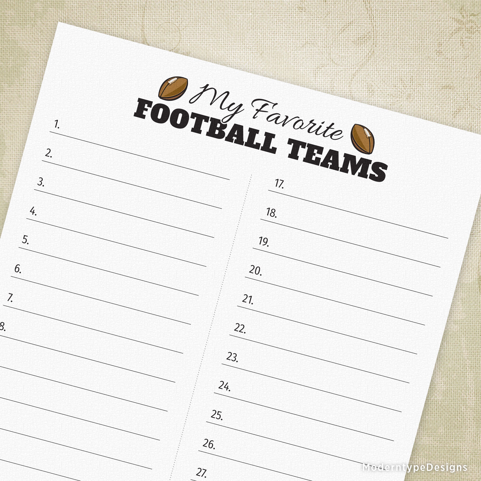My Favorite Football Teams Printable PDF is an interactive worksheet designed for young football enthusiasts. This customizable chart features space to write in all 32 professional teams, making it an engaging way for kids to track their favorites, learn team names, and organize their preferences.