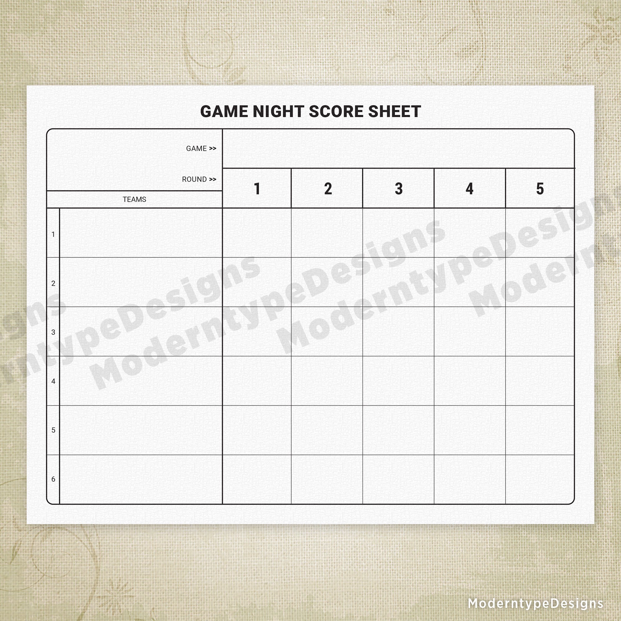 Game Night Score Sheet Printable - for Teams