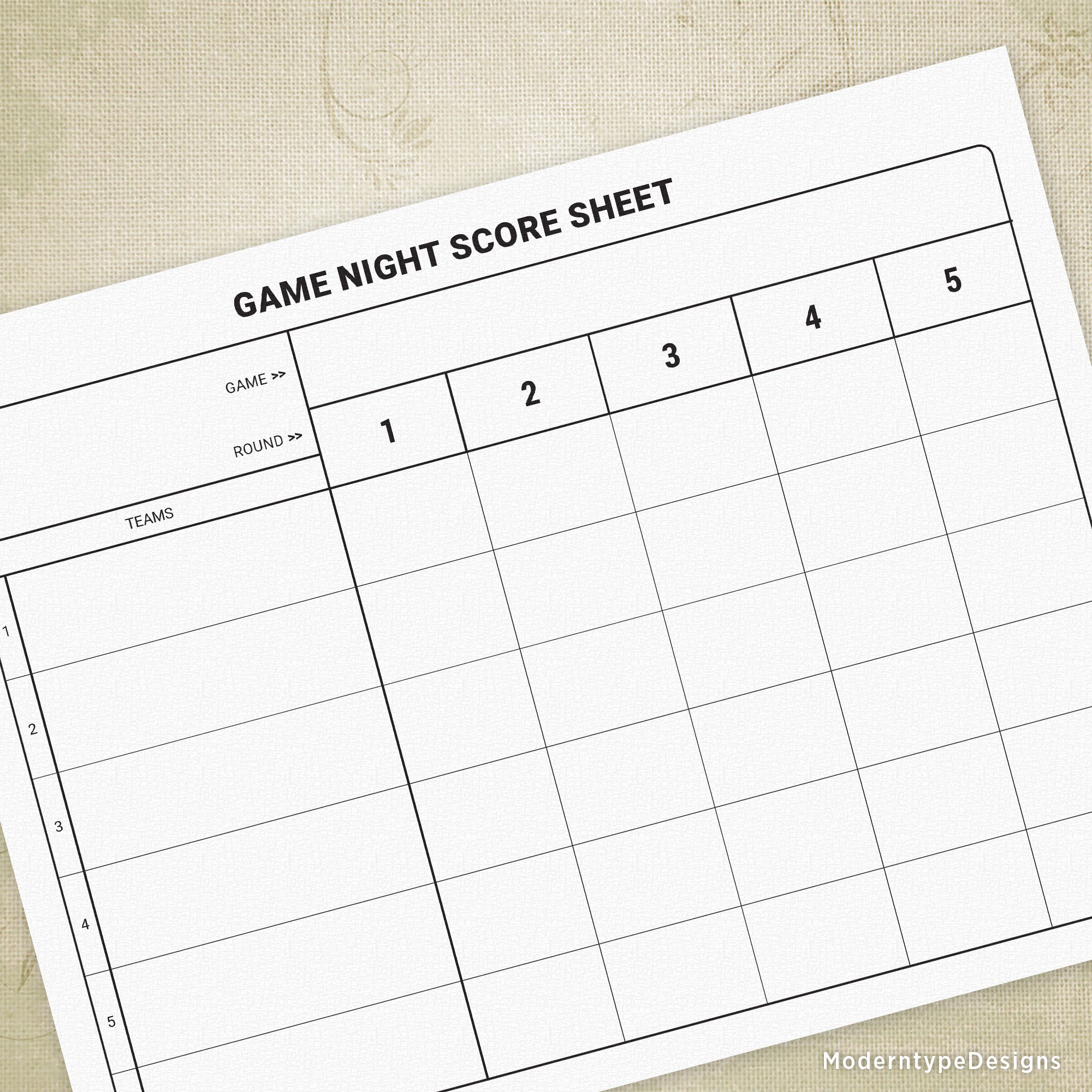 A printable game night score sheet with columns for teams and rounds, and a place to write the scores.